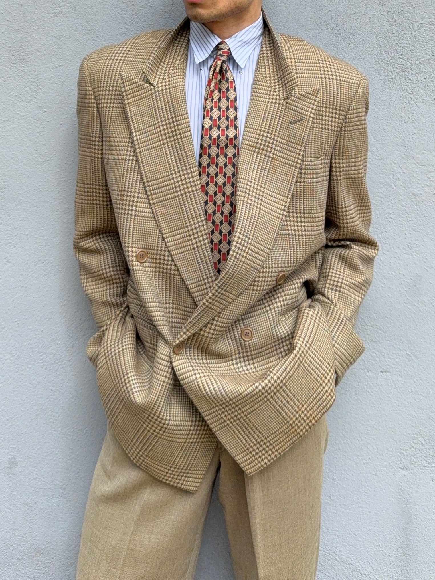 Valentino 1980s Peaked Lapel Double Breasted Textured Wool Sports Blazer Jacket - Size L