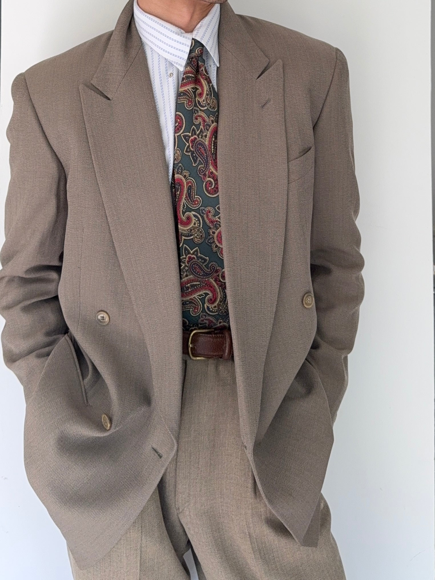 Giorgio Armani 1980s Taupe Beige Peaked Lapel Double Breasted Sports Blazer Jacket - Size M