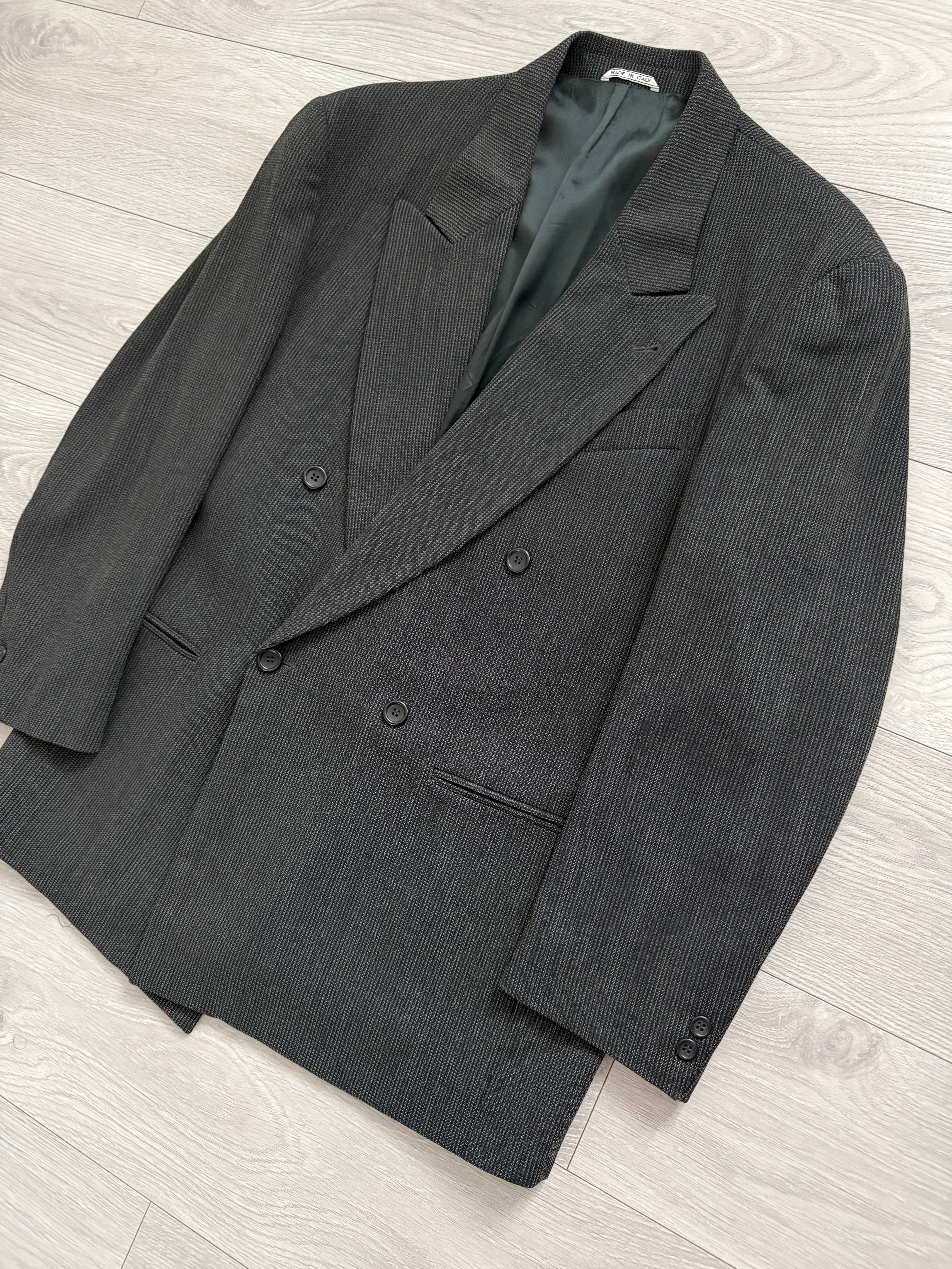 Vintage 1980s Peaked Lapel Double Breasted Pleated Wool Textured Grey Suit - Size XL Jacket / 36" Waist