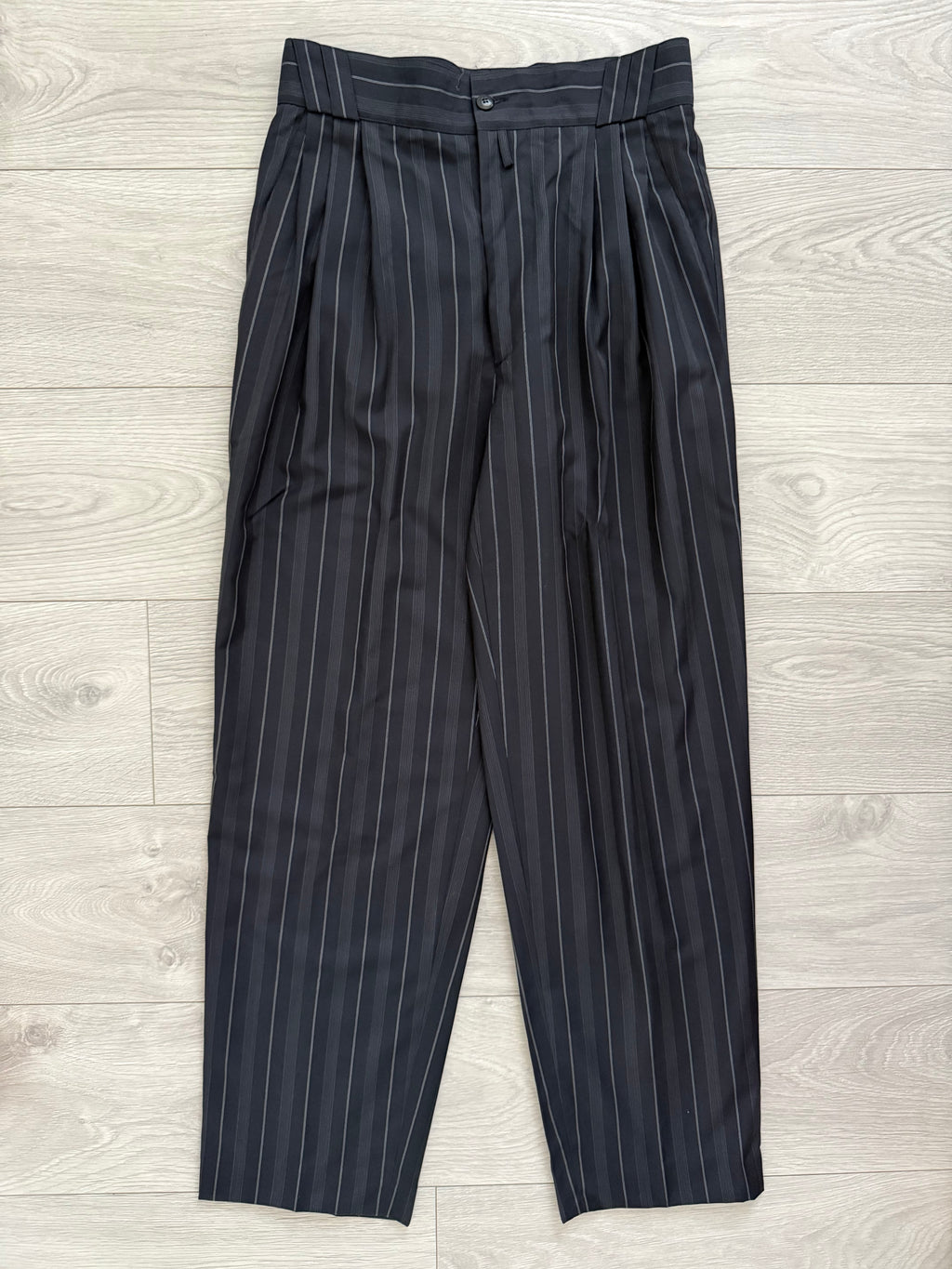 Versace 1980s Metal Button Notch Lapel Double Breasted Pleated Wool Striped Suit - Size S Jacket / 29" Waist