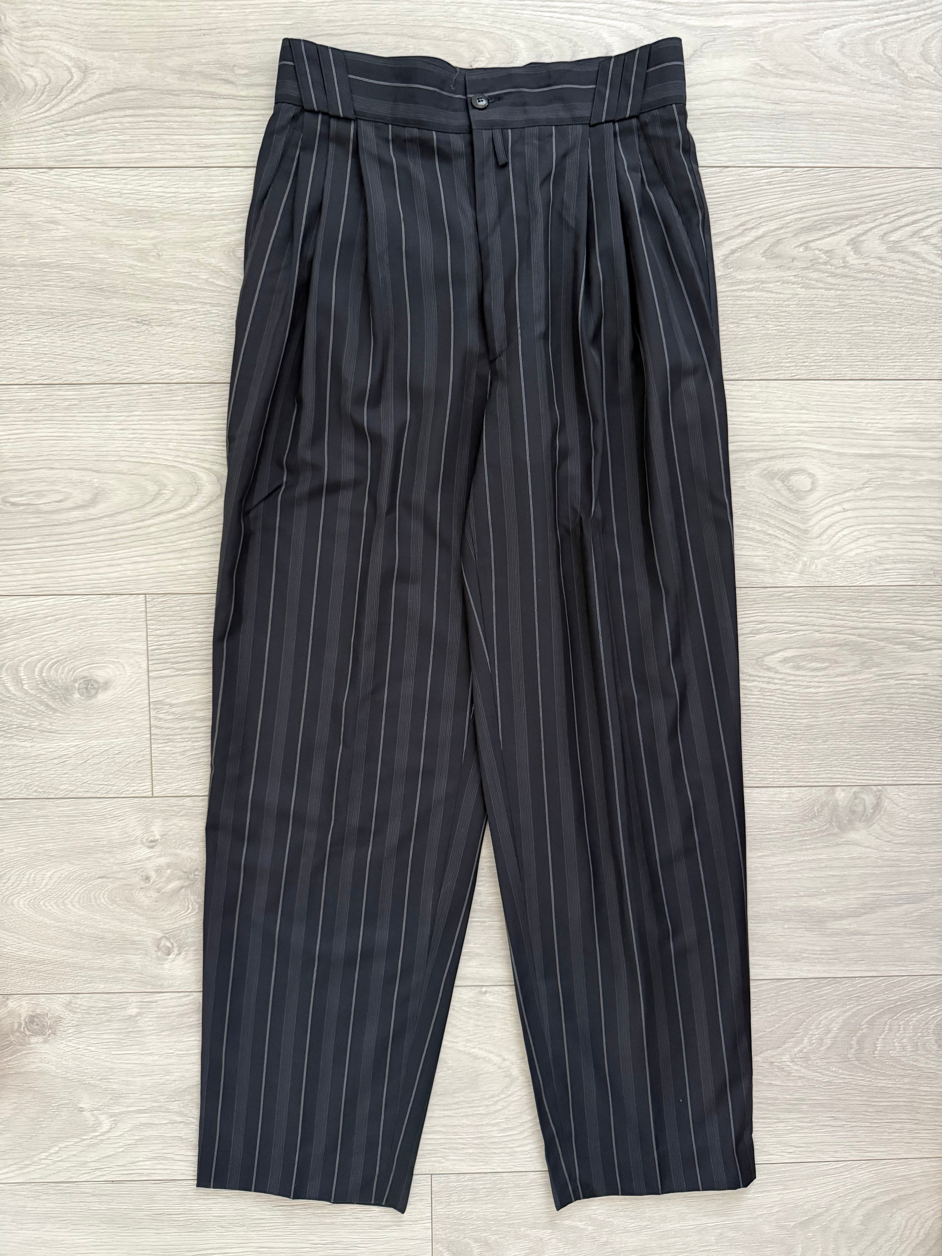 Versace 1980s Metal Button Notch Lapel Double Breasted Pleated Wool Striped Suit - Size S Jacket / 29" Waist