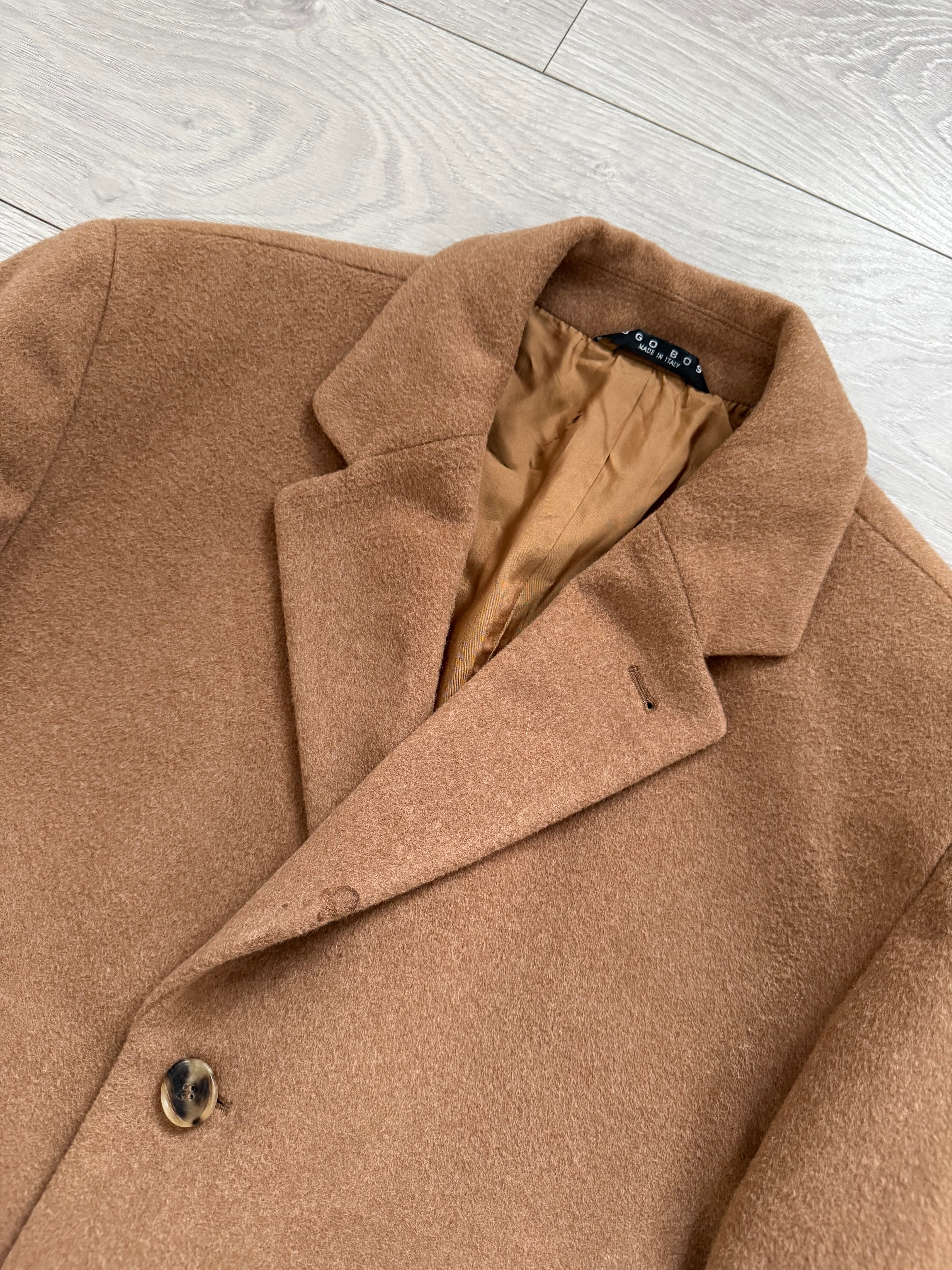 Hugo Boss 1980s Camel Brown Long Wool Overcoat Made in Italy - Size L