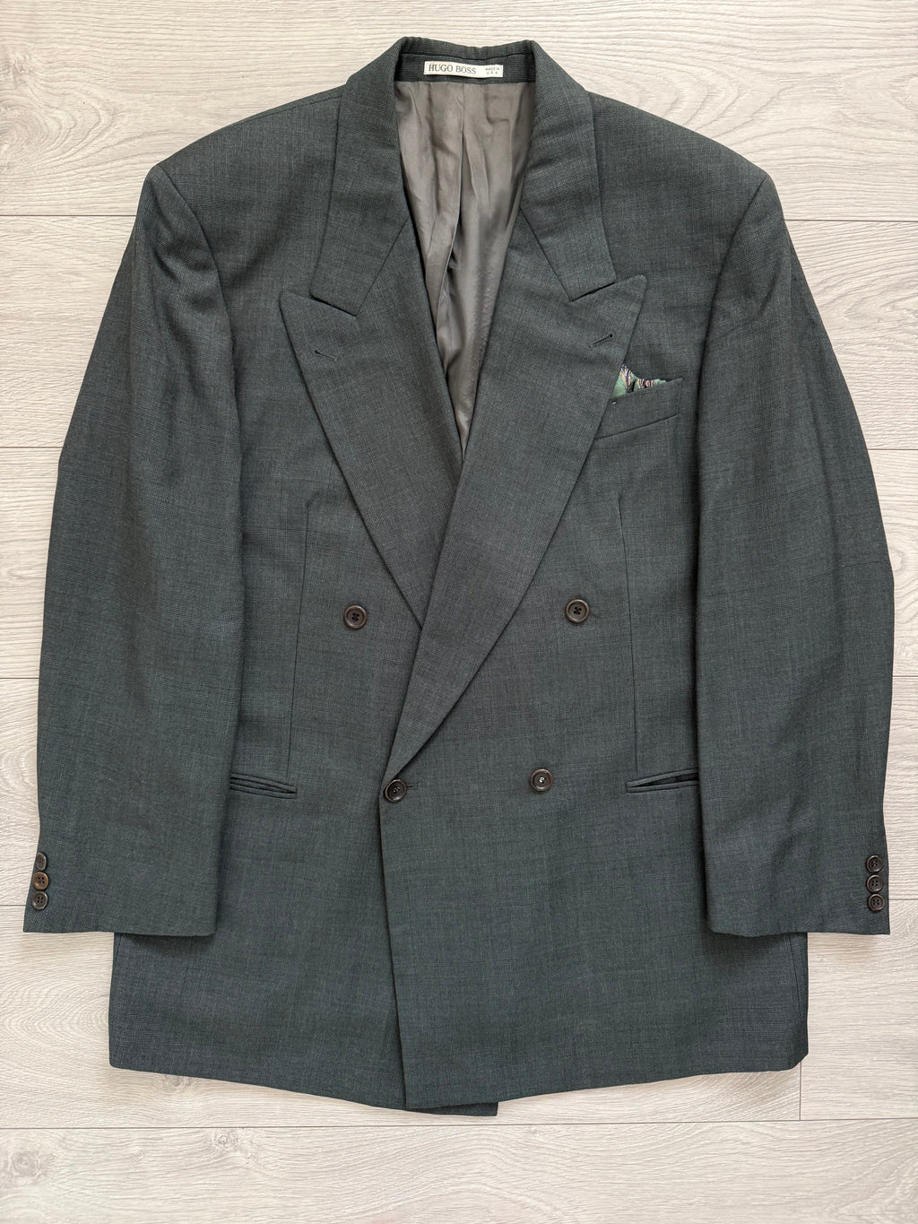 Hugo Boss 1980s Peaked Lapel Double Breasted Pleated Wool Suit Dark Green - Size XL Jacket / 36" Waist