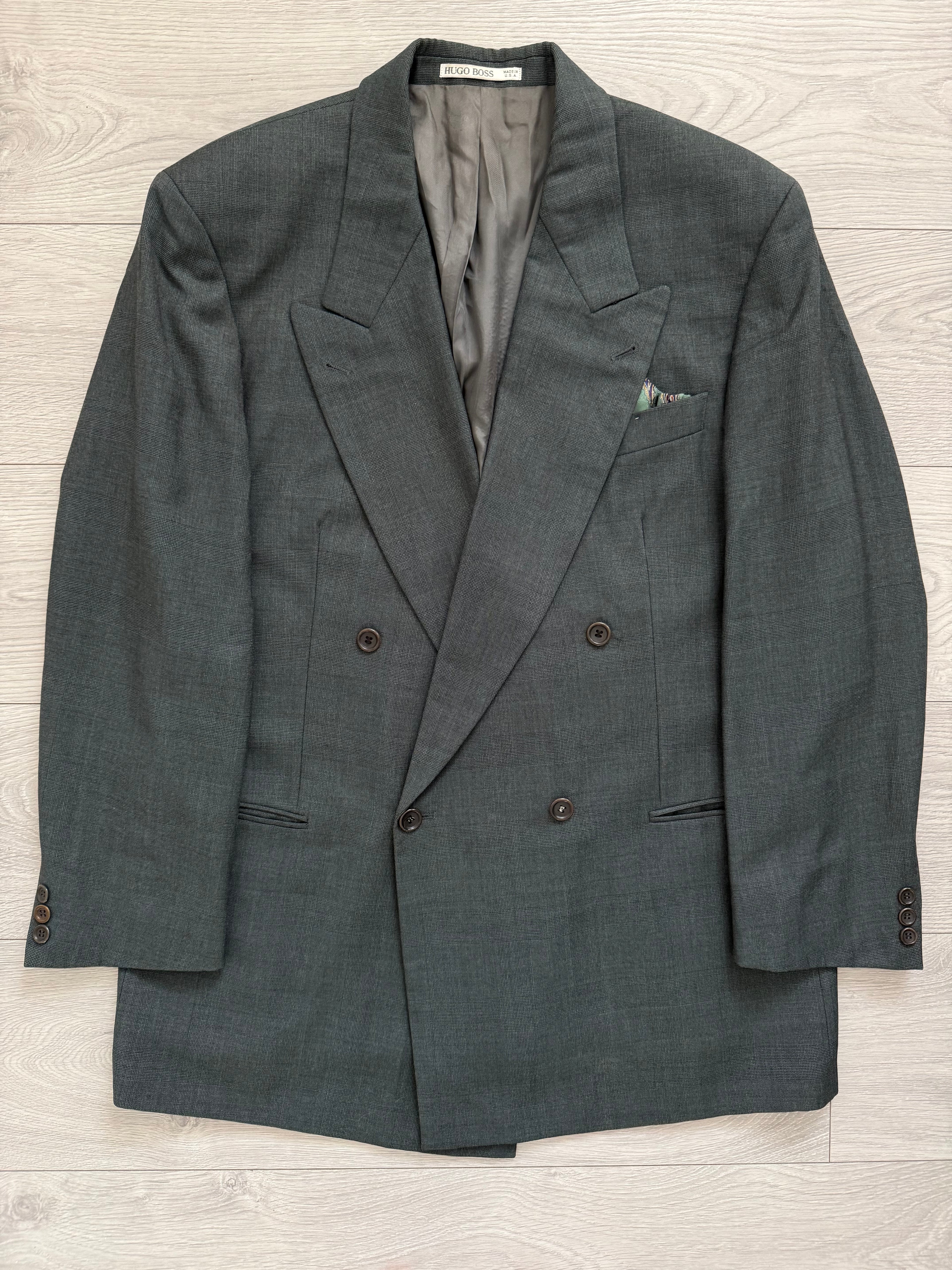 Hugo Boss 1980s Peaked Lapel Double Breasted Pleated Wool Suit Dark Green - Size XL Jacket / 36" Waist