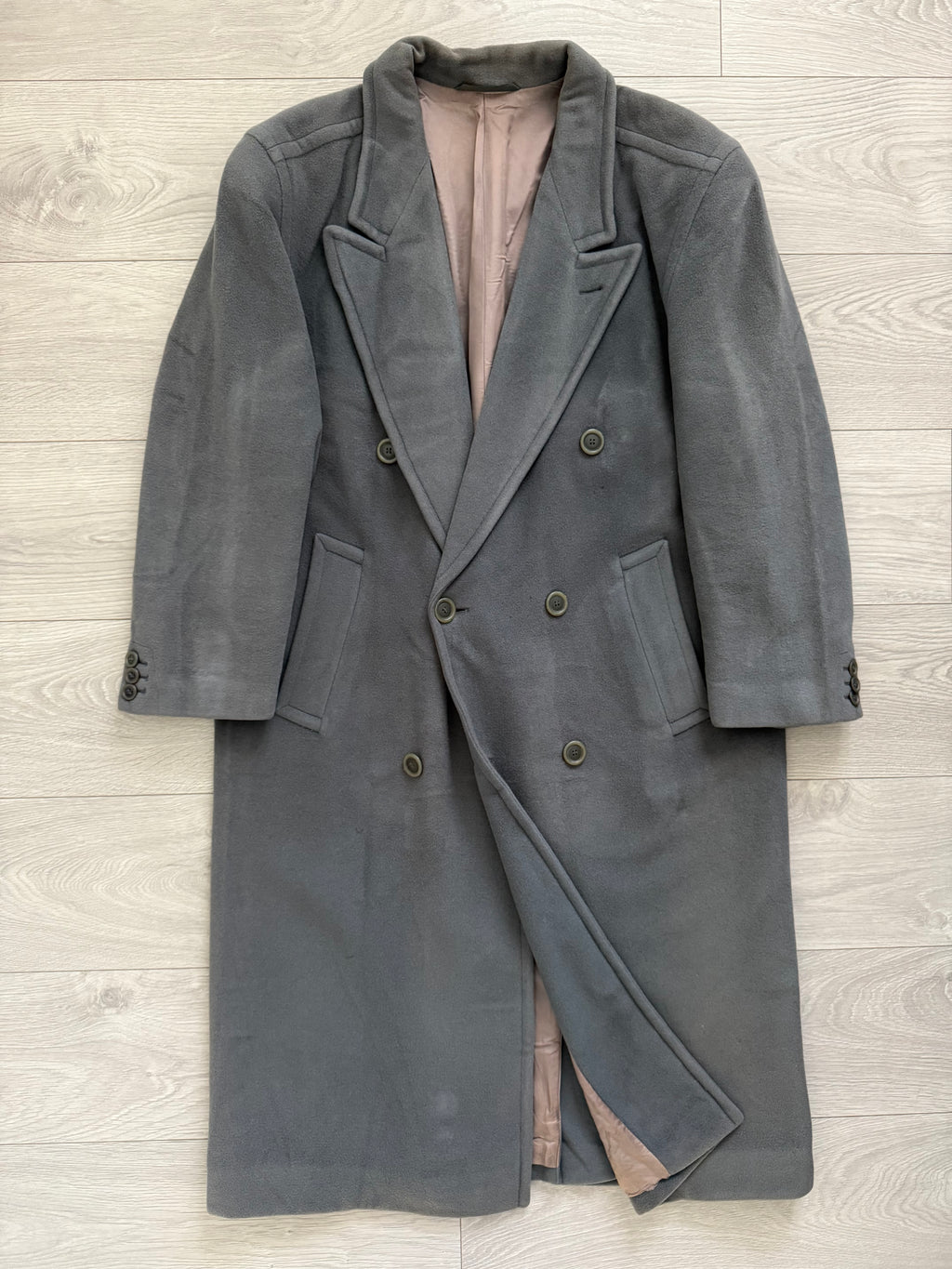 Hugo Boss 1980s 'Yamaha' Peaked Lapel Double-Breasted Wool Coat Grey - Size M