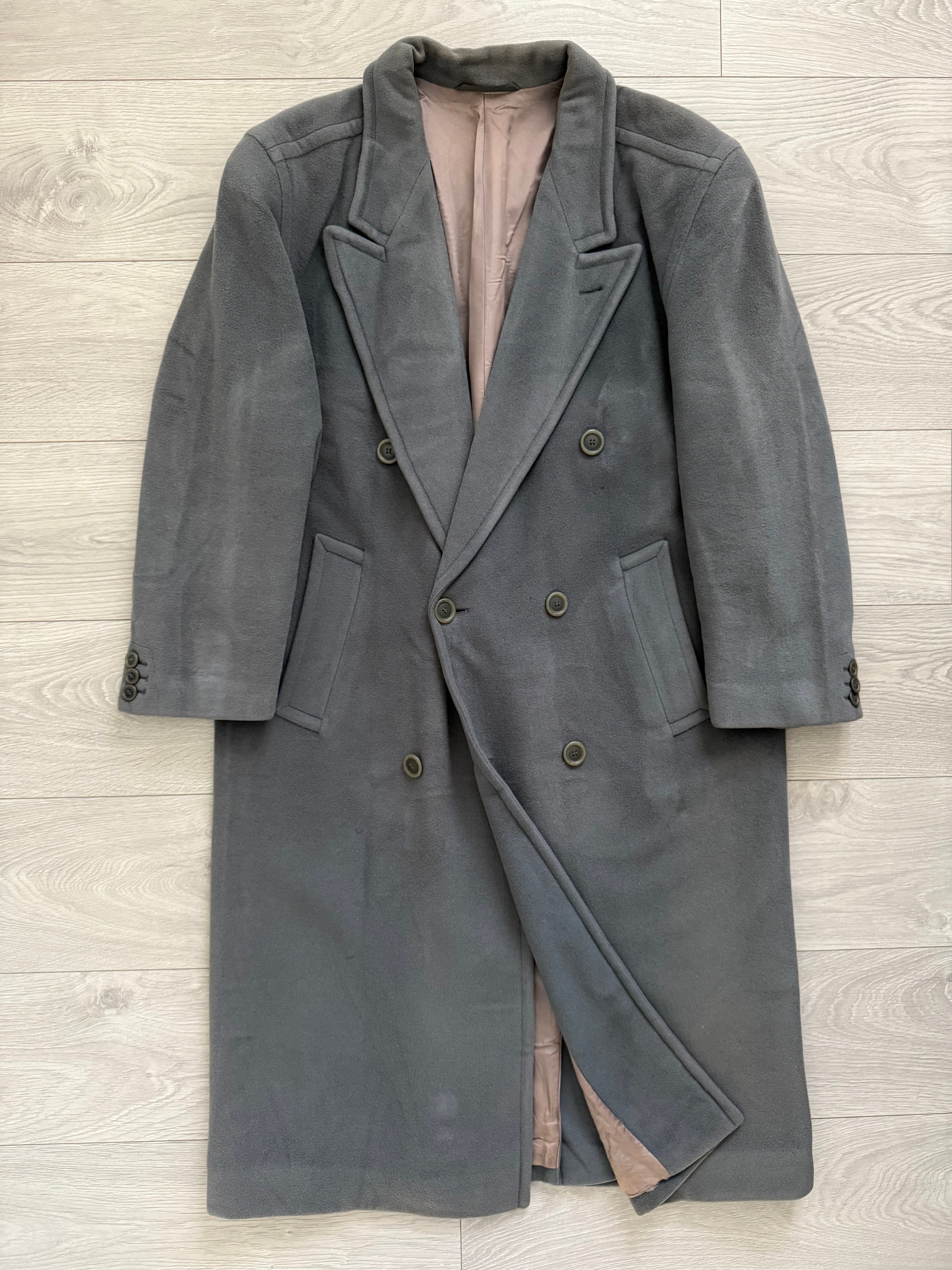 Hugo Boss 1980s 'Yamaha' Peaked Lapel Double-Breasted Wool Coat Grey - Size M