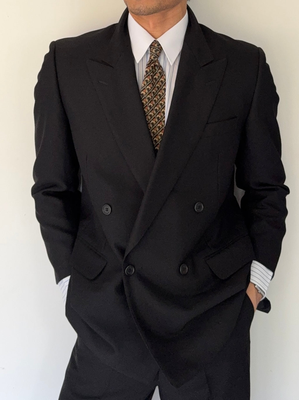 Givenchy 1990s Peak Lapel Double Breasted Wool Black Suit - Size S Jacket / 28" Waist