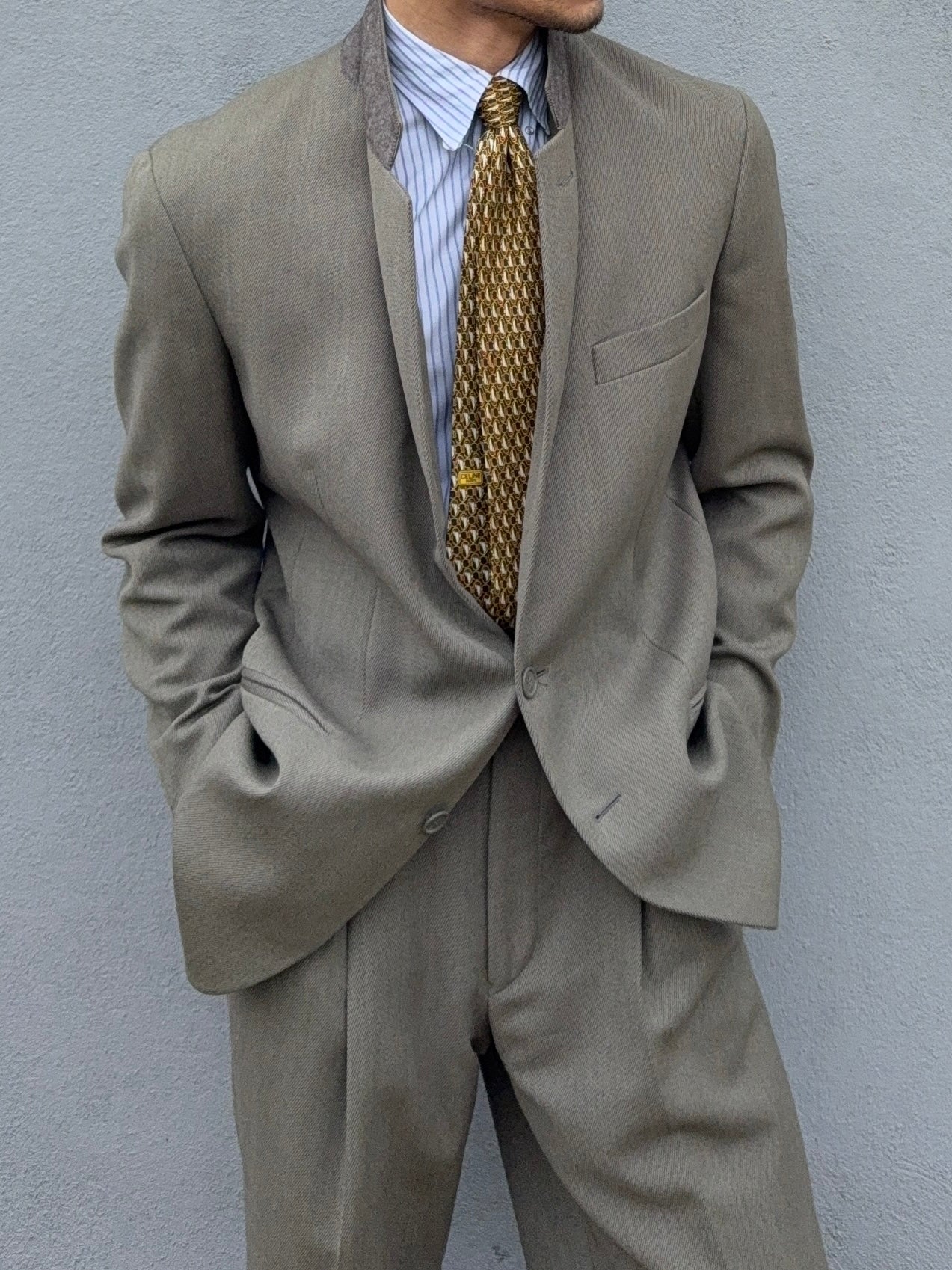 Emporio Armani 1980s 2B Olive Grey High Waisted Pleated Wool Suit - Size M Jacket / 30" Waist