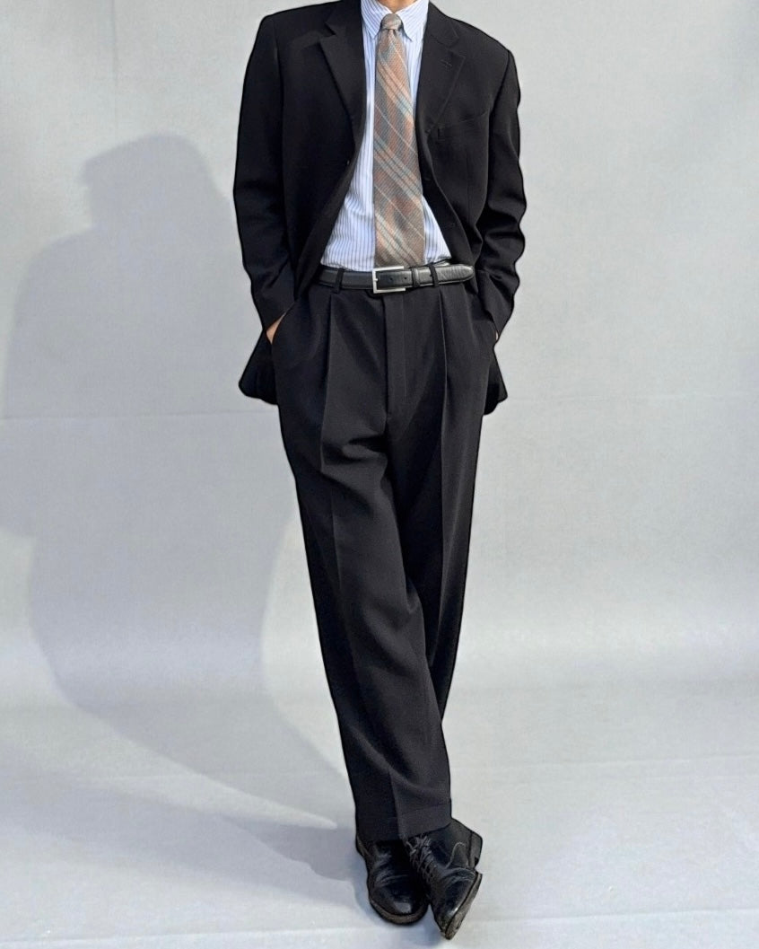 Armani 1990s 3B Black Pleated Wool Suit - Size L Jacket / 33" Waist
