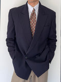 Giorgio Armani Mainline 1980s Navy Peaked Lapel Double Breasted Wool Sports Blazer Jacket - Size L