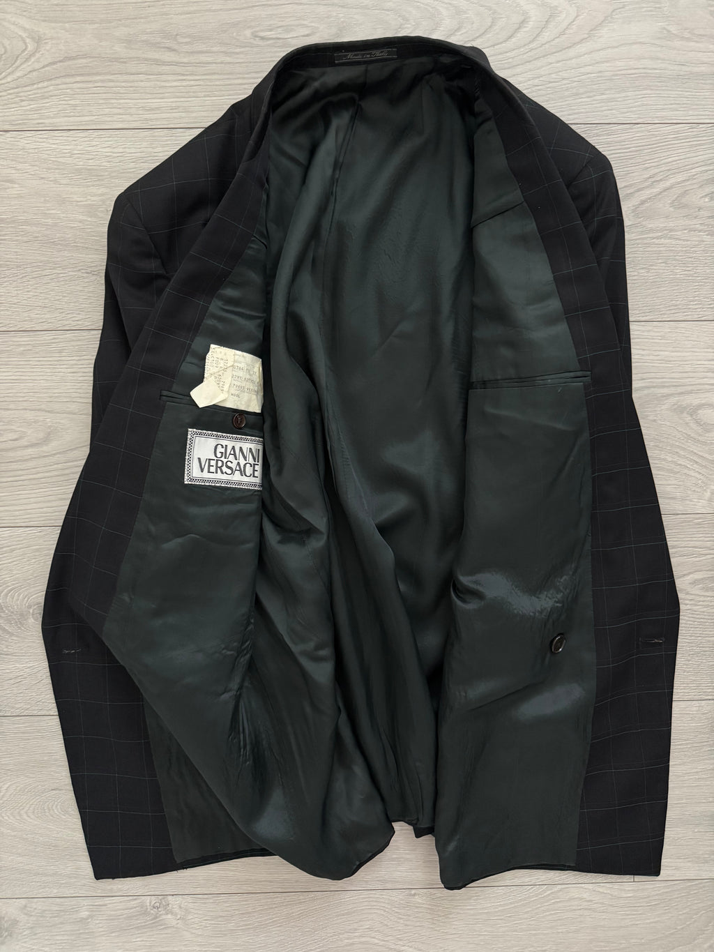 Versace 1980s Notch Lapel Double Breasted Pleated Wool Check Suit Black - Size M Jacket / 32" Waist