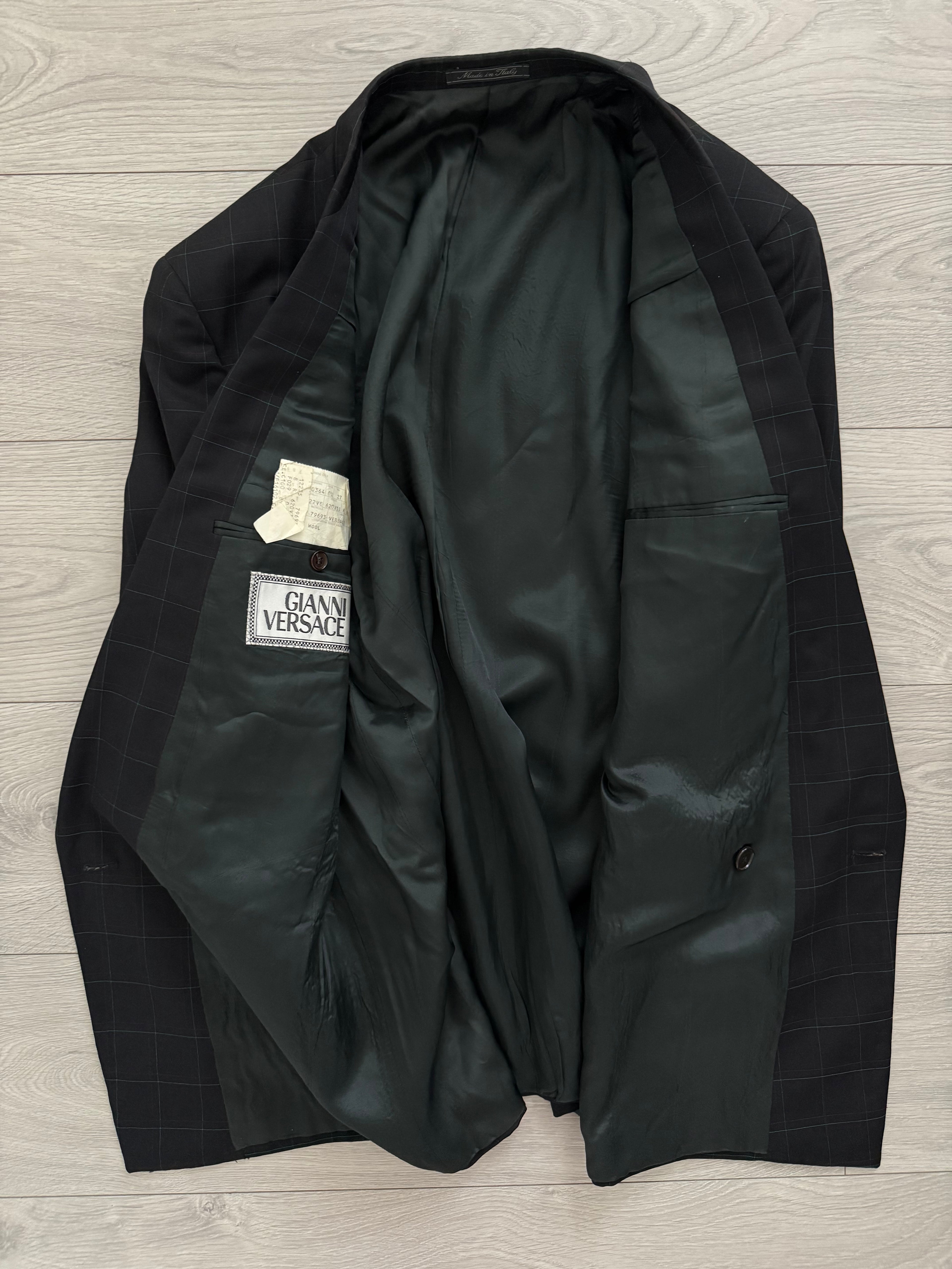 Versace 1980s Notch Lapel Double Breasted Pleated Wool Check Suit Black - Size M Jacket / 32" Waist