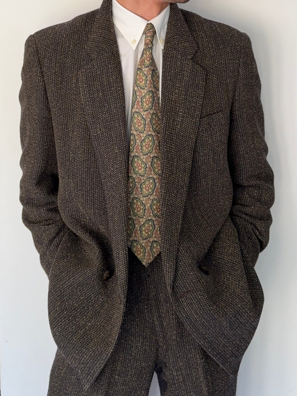 Umberto Ginocchietti 1980s Double Breasted Pleated Wool Textured Suit Brown - Size M Jacket / 30" Waist