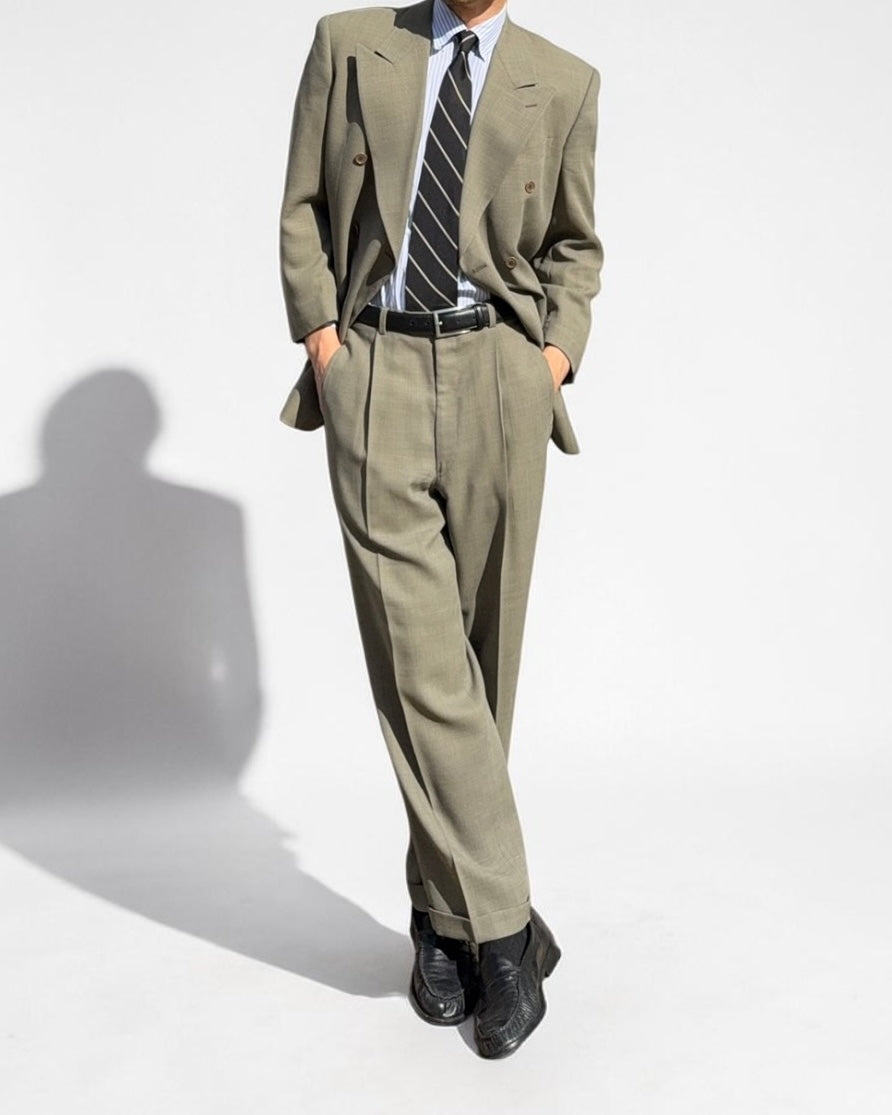 Valentino 1980s 6B Double Breasted Wool Power Suit in Taupe Olive - Size M Jacket / 32" Waist