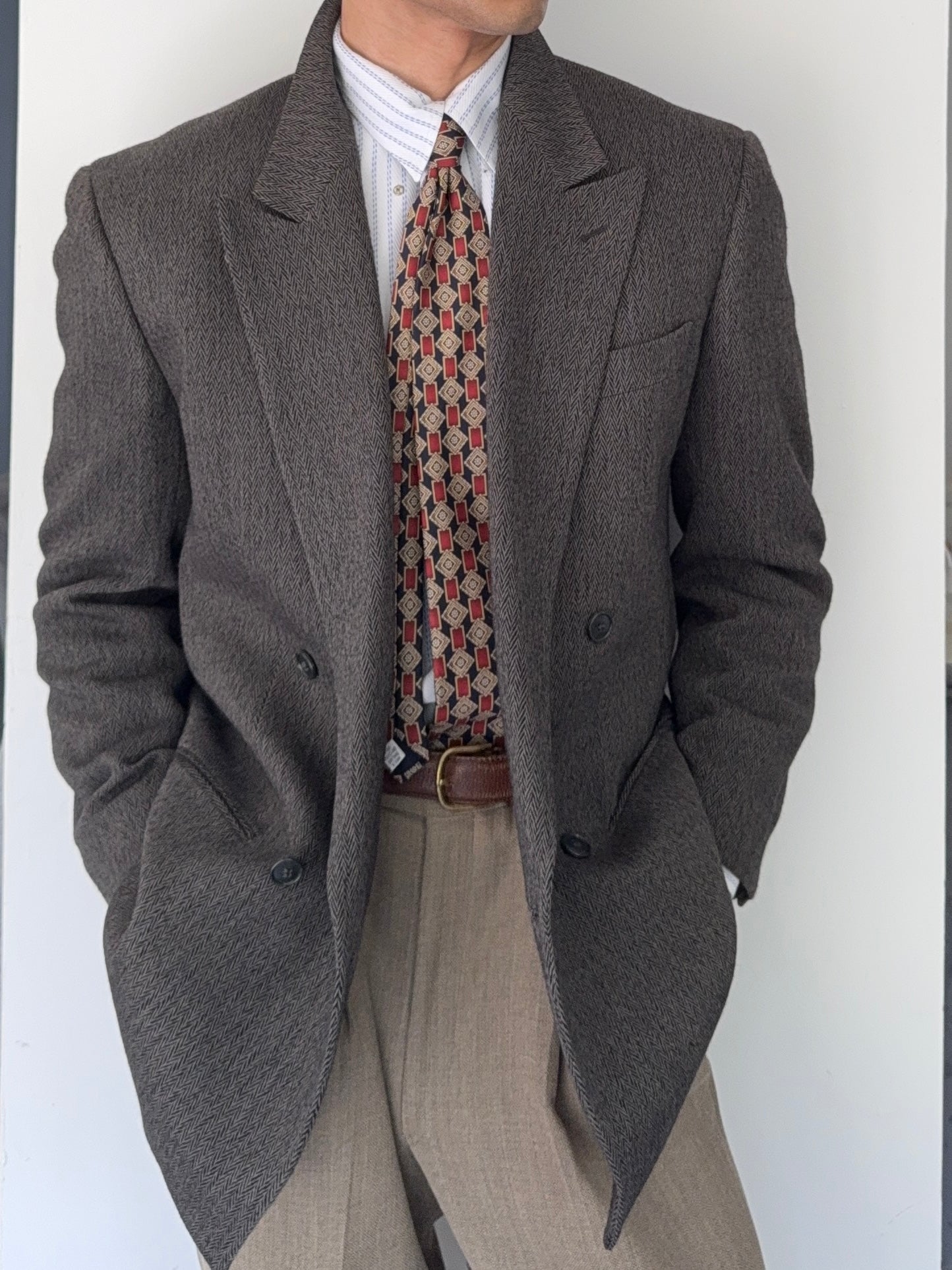 Giorgio Armani Mainline 1980s Chevron Herringbone Double Breasted Wool Sports Jacket Blazer - Size S