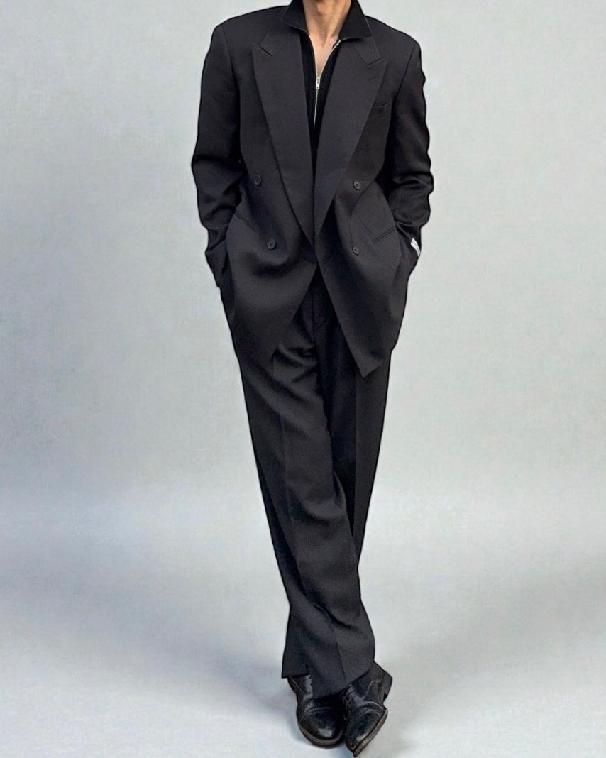 Giorgio Armani 1980s Double Breasted Pleated Wool Suit Black New - Size L Jacket / 32" Waist