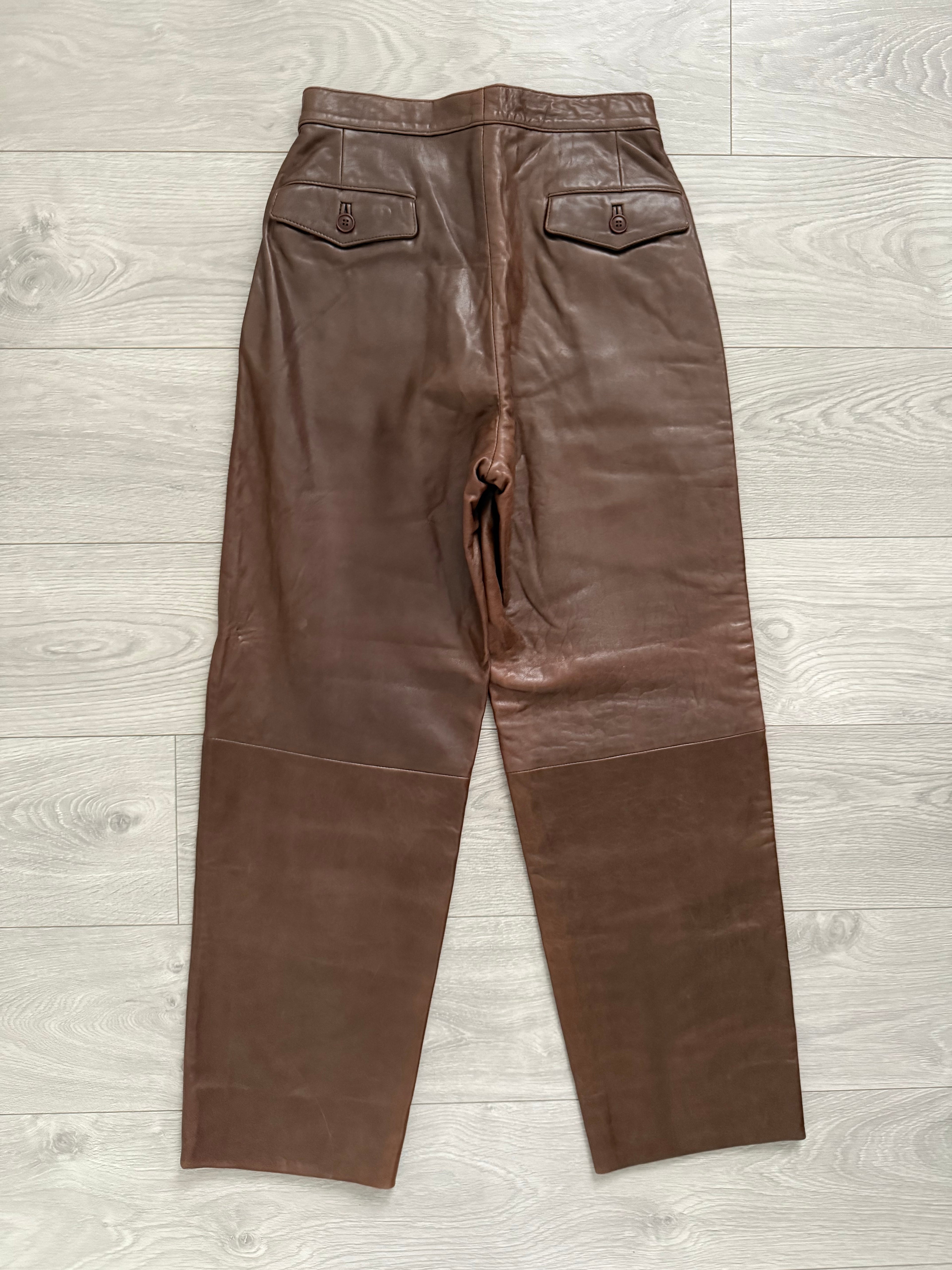 Valentino 1980s Pleated Leather Brown Pants - Size 30" Waist