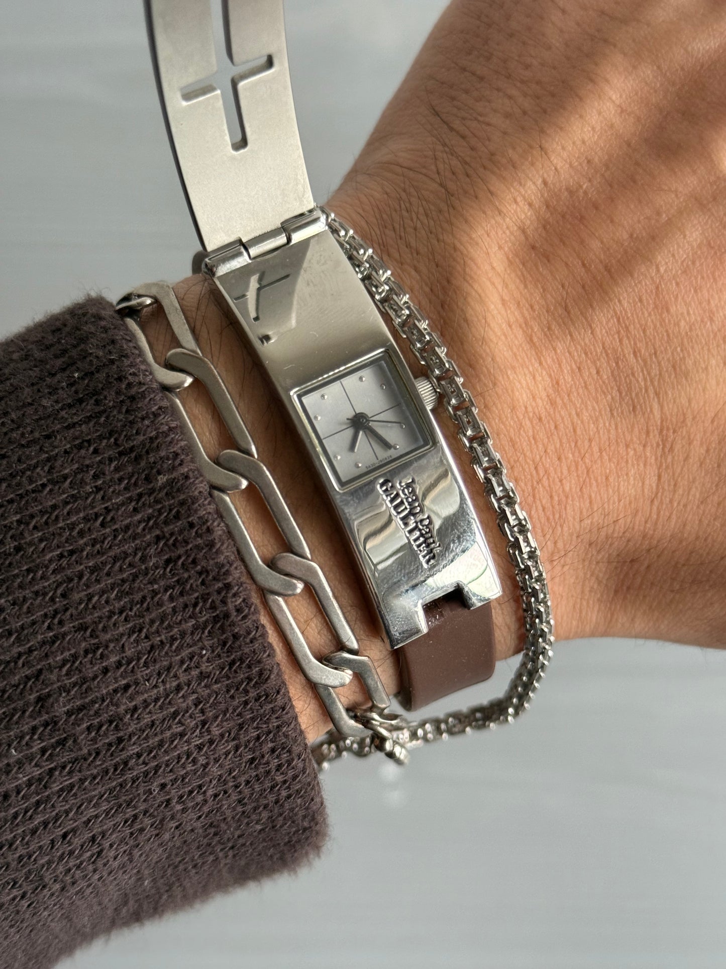 Jean Paul Gaultier Laser-Cut Cross Motif Stainless Steel Concealed Watch Bracelet