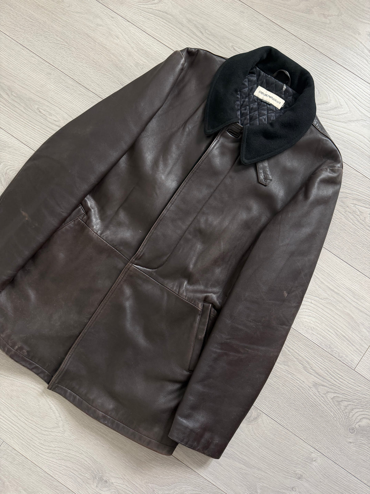 Emporio Armani 1990s Quilt Lined Brown Leather Jacket - Size XL