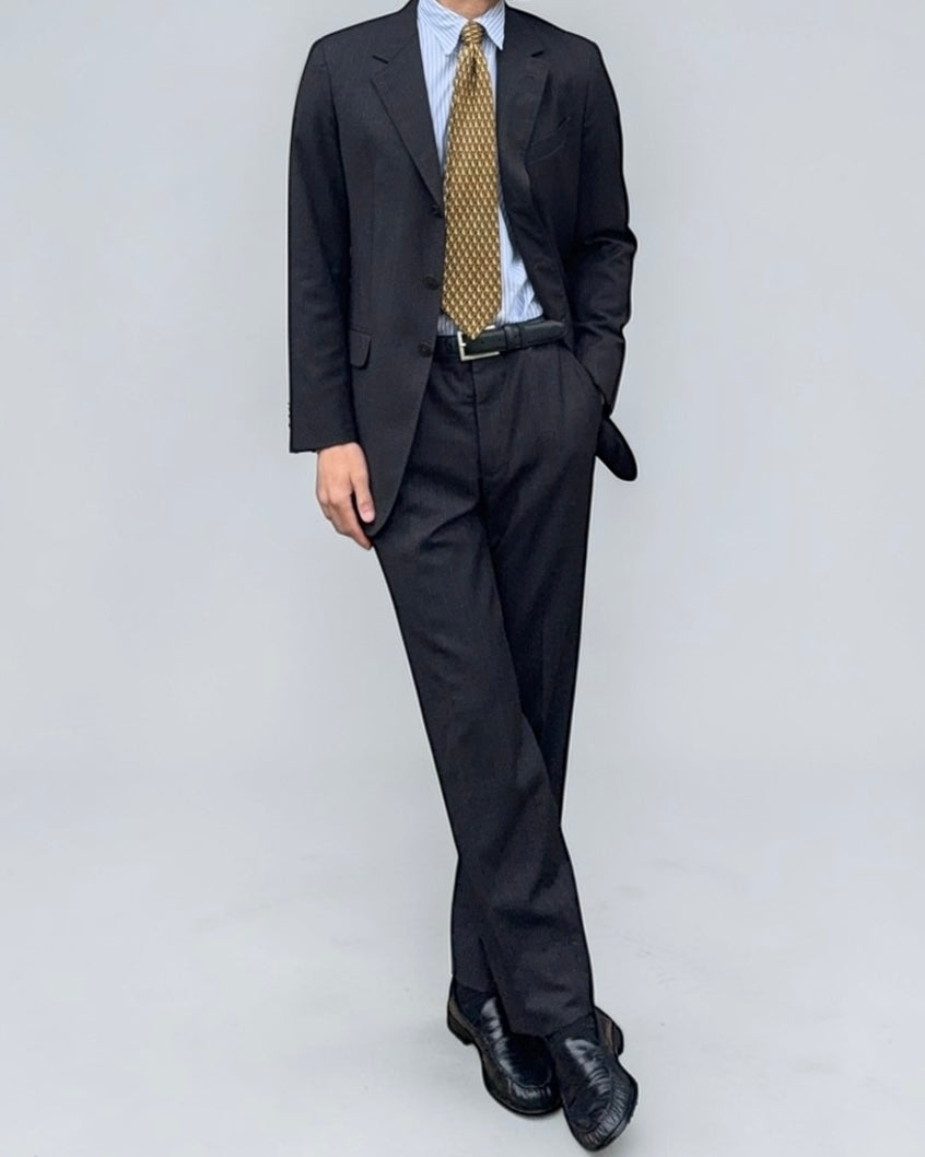 Armani 1990s 3B Grey Striped Pleated Wool Suit - Size S Jacket / 31" Waist