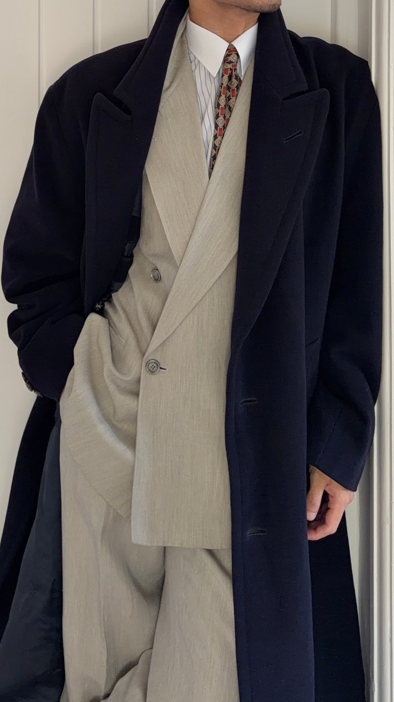 Hugo Boss 1980s 'Yamaha' Peaked Lapel Navy Wool Overcoat - Size XXL
