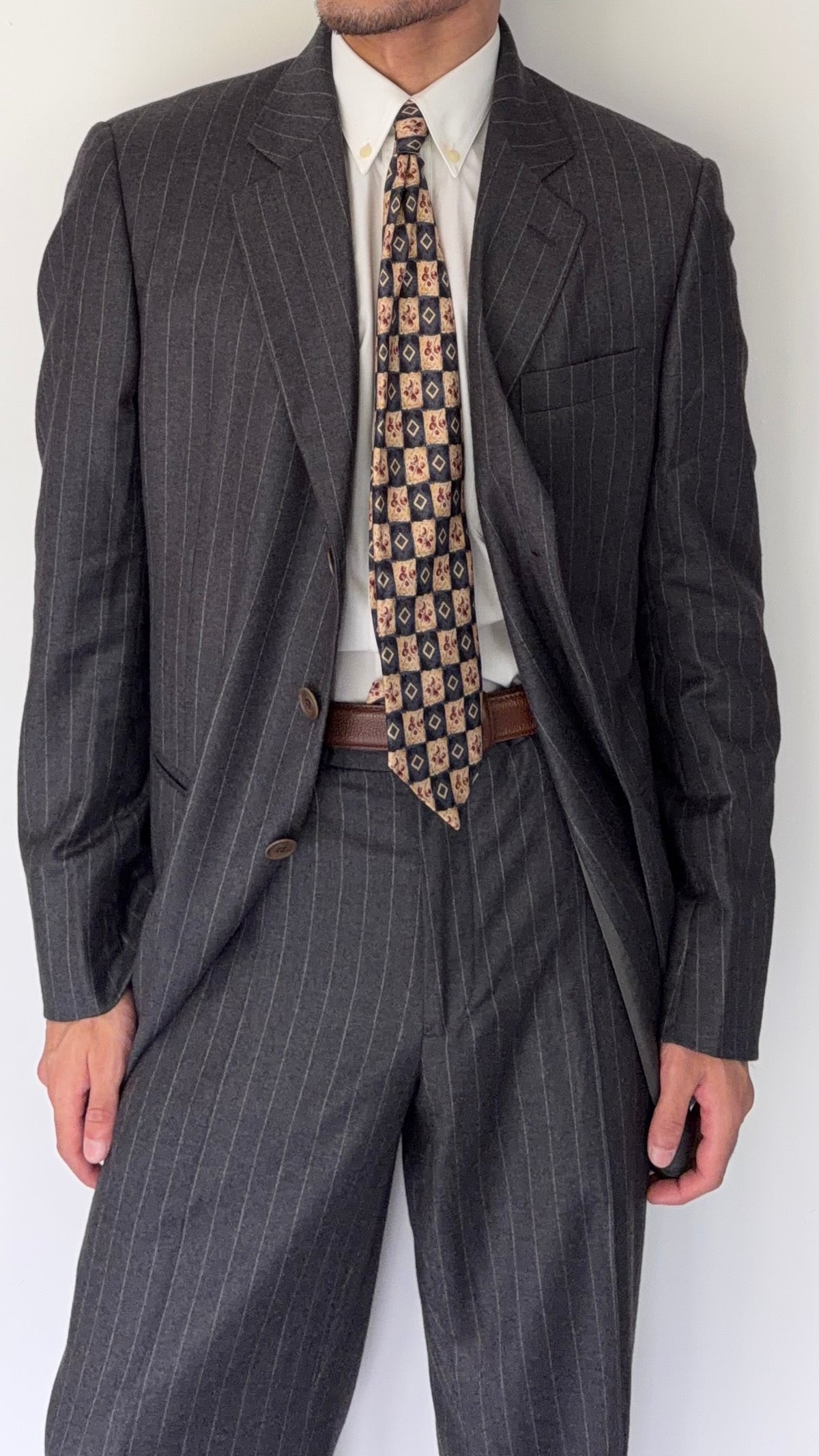 Giorgio Armani Black Label 1990s Cashmere 3B Pleated Striped Suit Grey - Size XL Jacket / 36" Waist