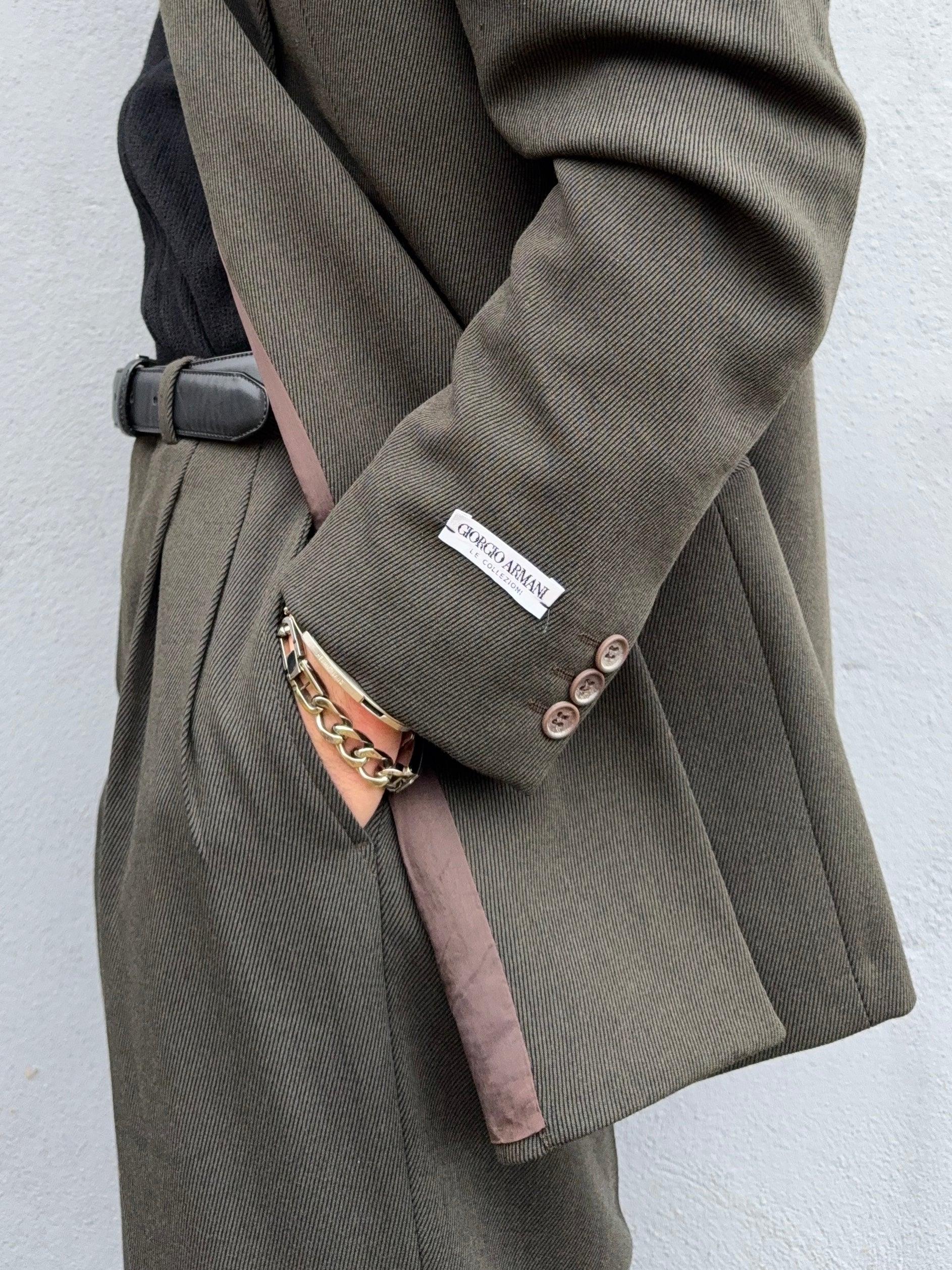 Giorgio Armani 1980s Double Breasted Pleated Wool Suit Forest Green New - Size L Jacket / 32" Waist `