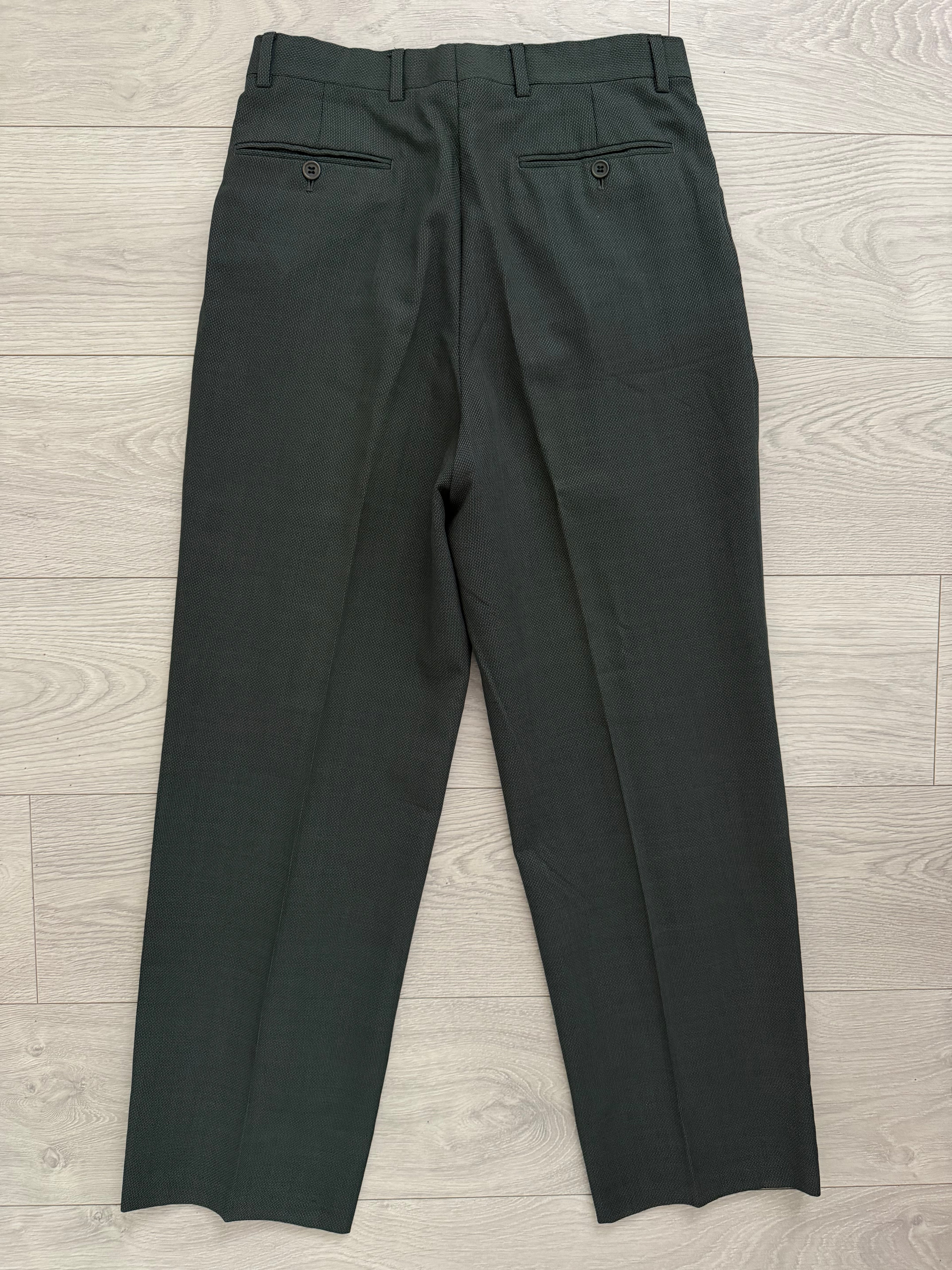Giorgio Armani 1980s Peaked Lapel Double Breasted Pleated Textured Wool Suit Green - Size S Jacket / 30" Waist