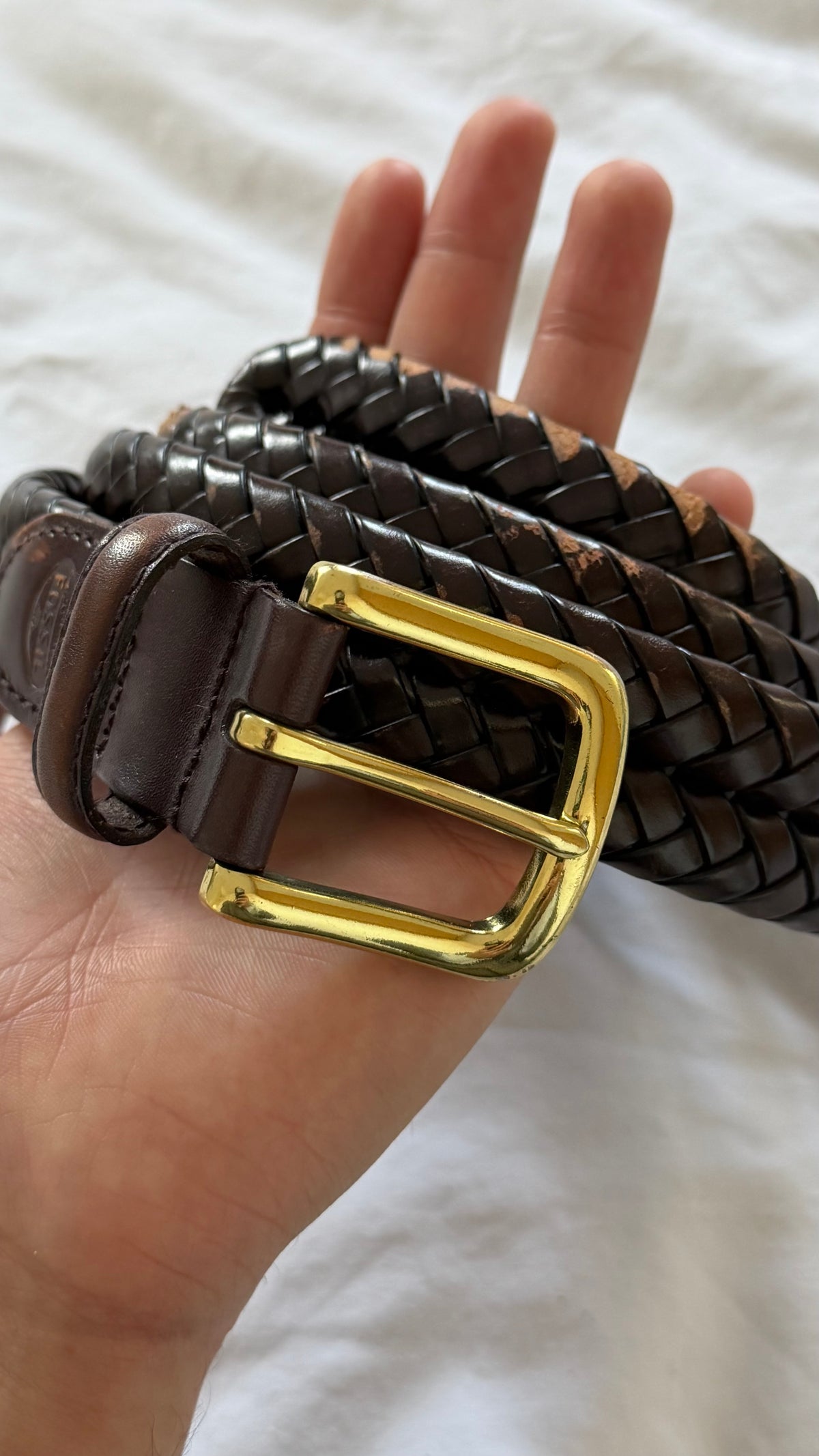 Fossil 1990s Gold Buckle Braided Leather Belt Brown - One Size