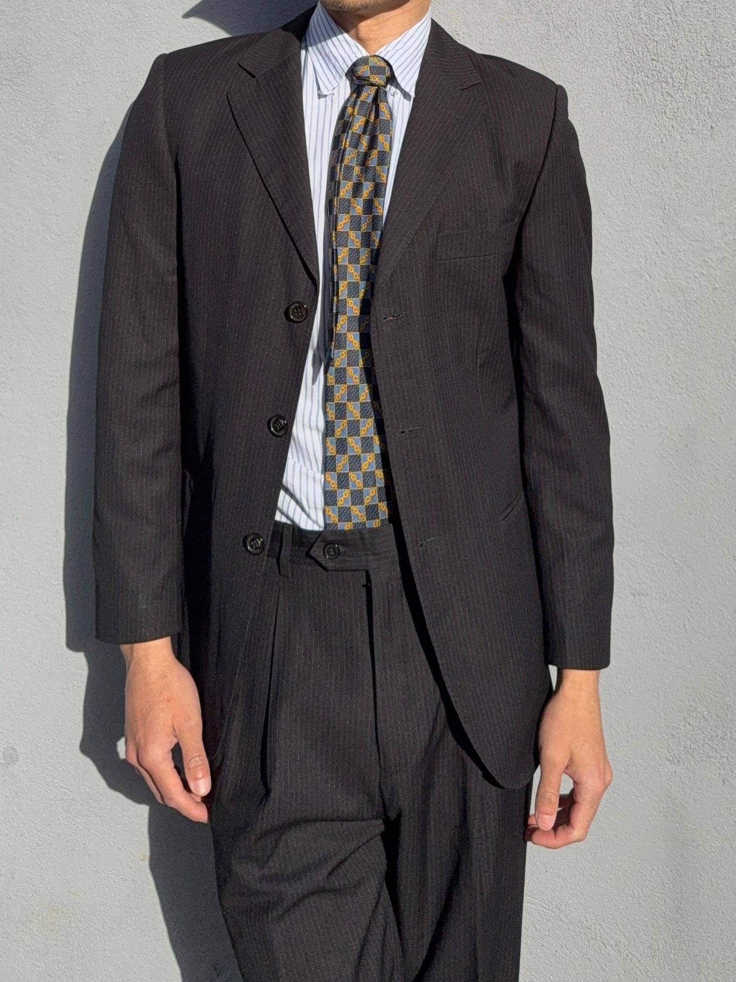 Armani 1990s Pinstriped Pleated Wool Black Suit - Size S Jacket / 30" Waist