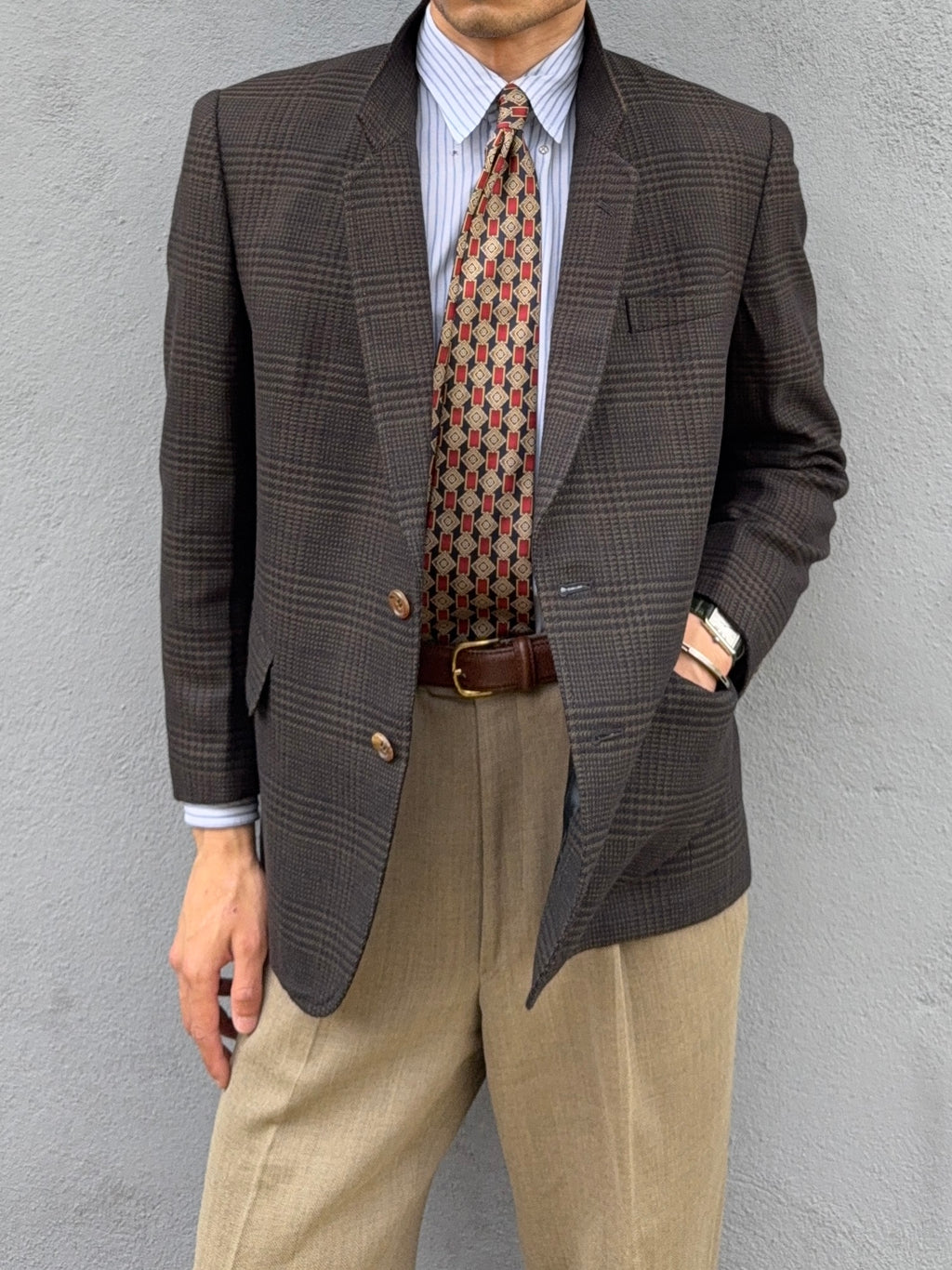 Valentino 1980s 2B Textured Check Wool Sports Jacket Blazer - Size S