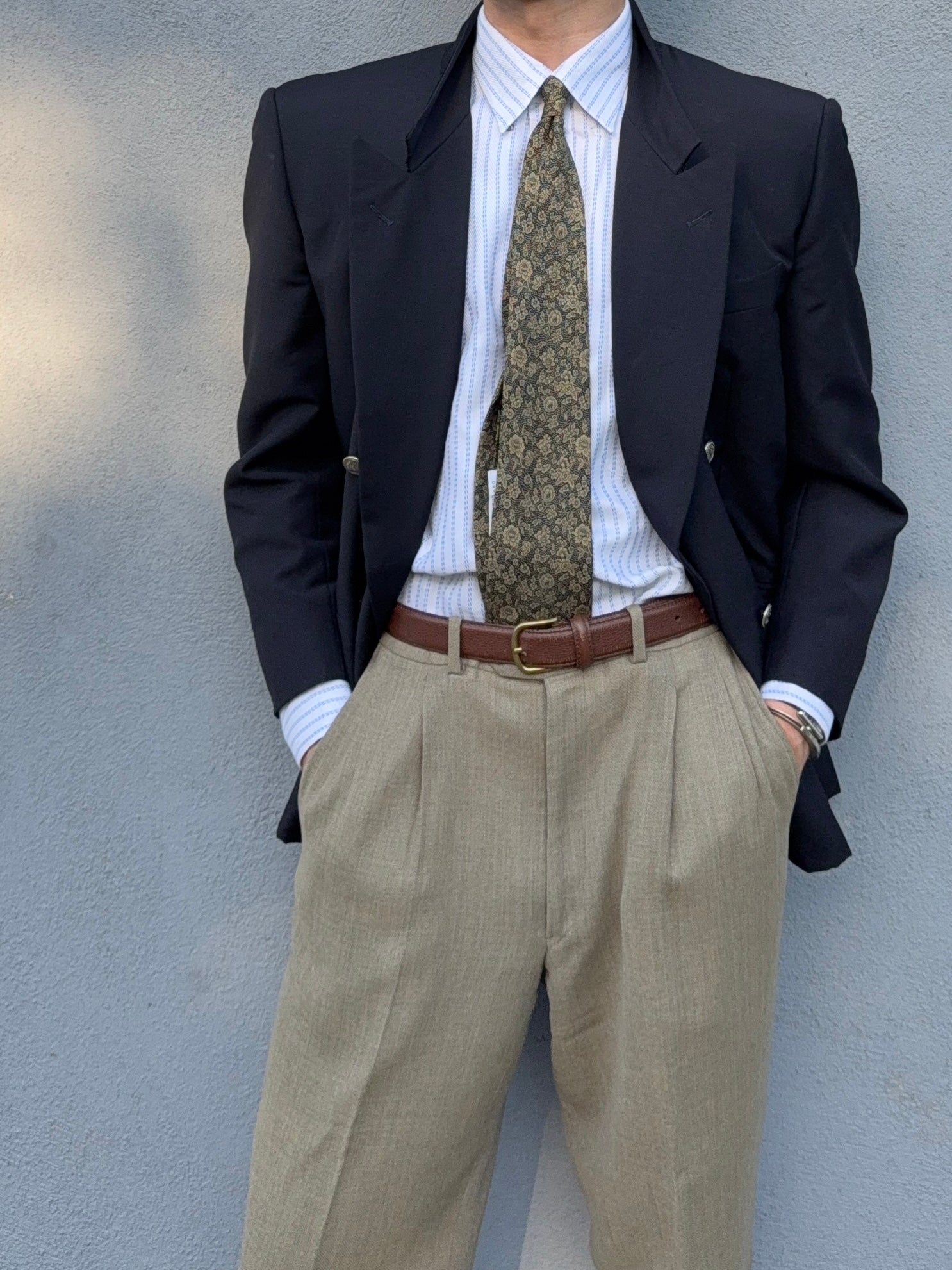 Yves Saint Laurent 1980s Metal Button Double Breasted Peaked Lapel Wool Blazer Jacket Navy - Size S