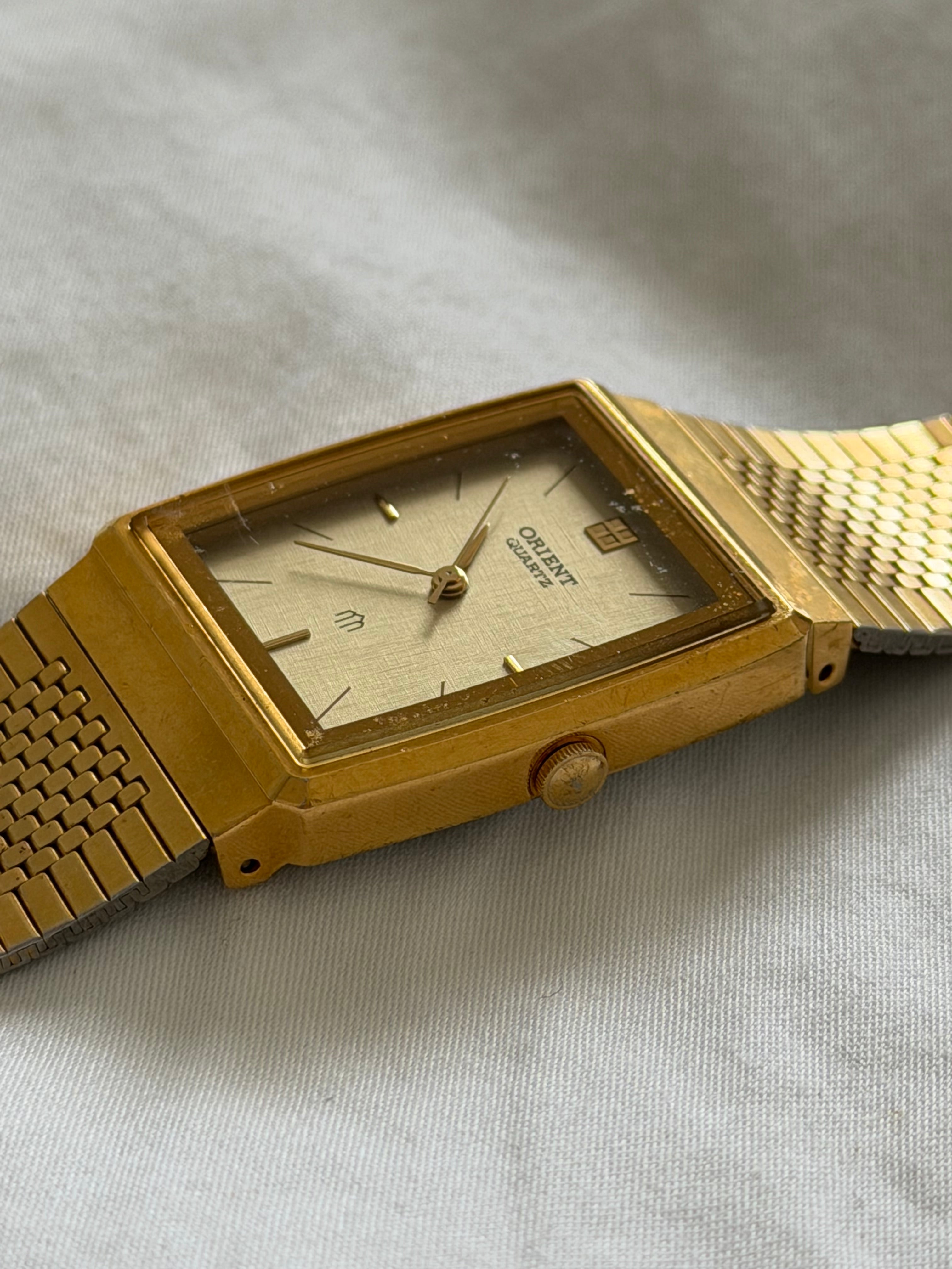 Oreint 1990s 20MM Linen Dial Gold Plated Stainless Steel Watch