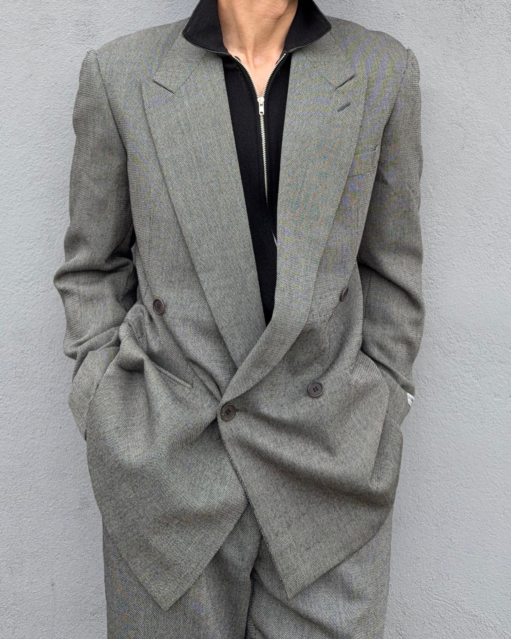 Giorgio Armani 1980s Double Breasted Pleated Wool Suit Textured Grey New - Size L Jacket / 32" Waist