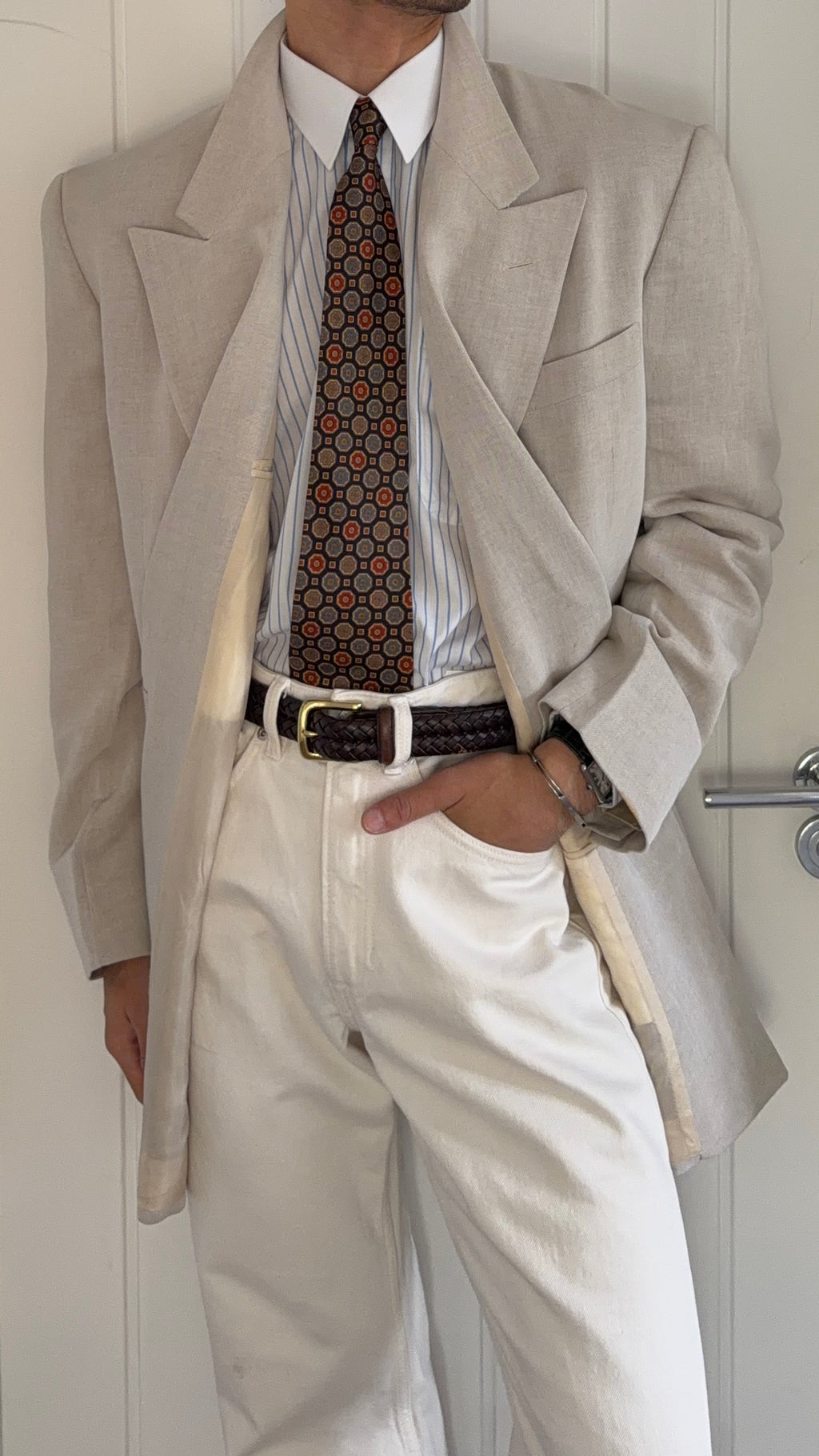Giorgio Armani Black Label 1994 Peaked Lapel Double Breasted Rayon Linen Sport Jacket Blazer Mushroom Taupe - Size XXL