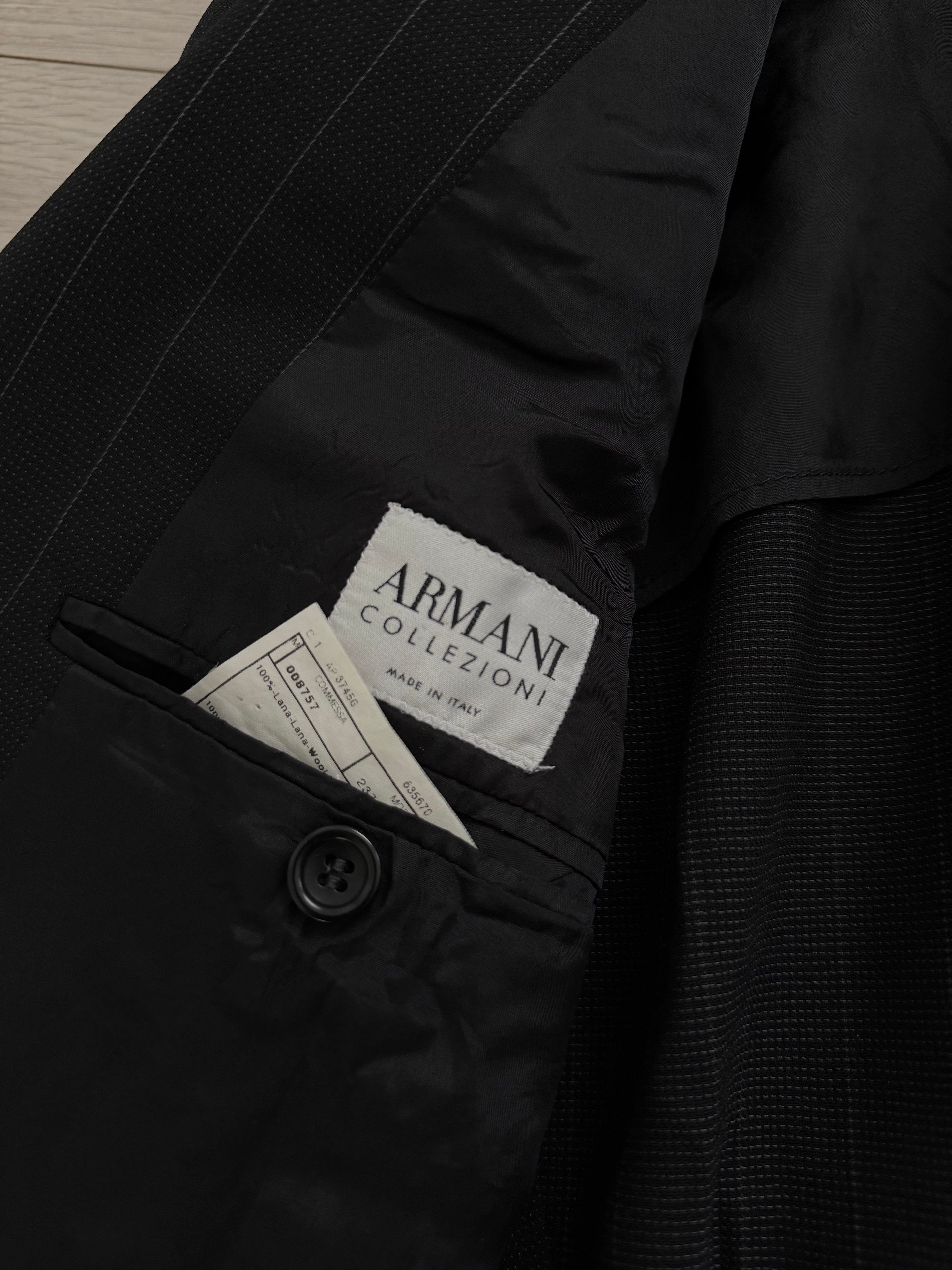 Armani 1990s Peaked Lapel Double Breasted Pinstripe Textured Wool Suit - Size M Jacket / 31" Waist
