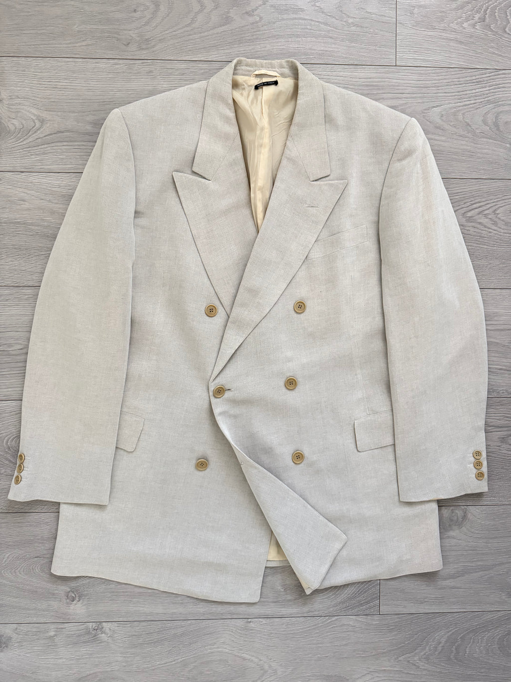 Giorgio Armani Black Label 1994 Peaked Lapel Double Breasted Rayon Linen Sport Jacket Blazer Mushroom Taupe - Size XXL