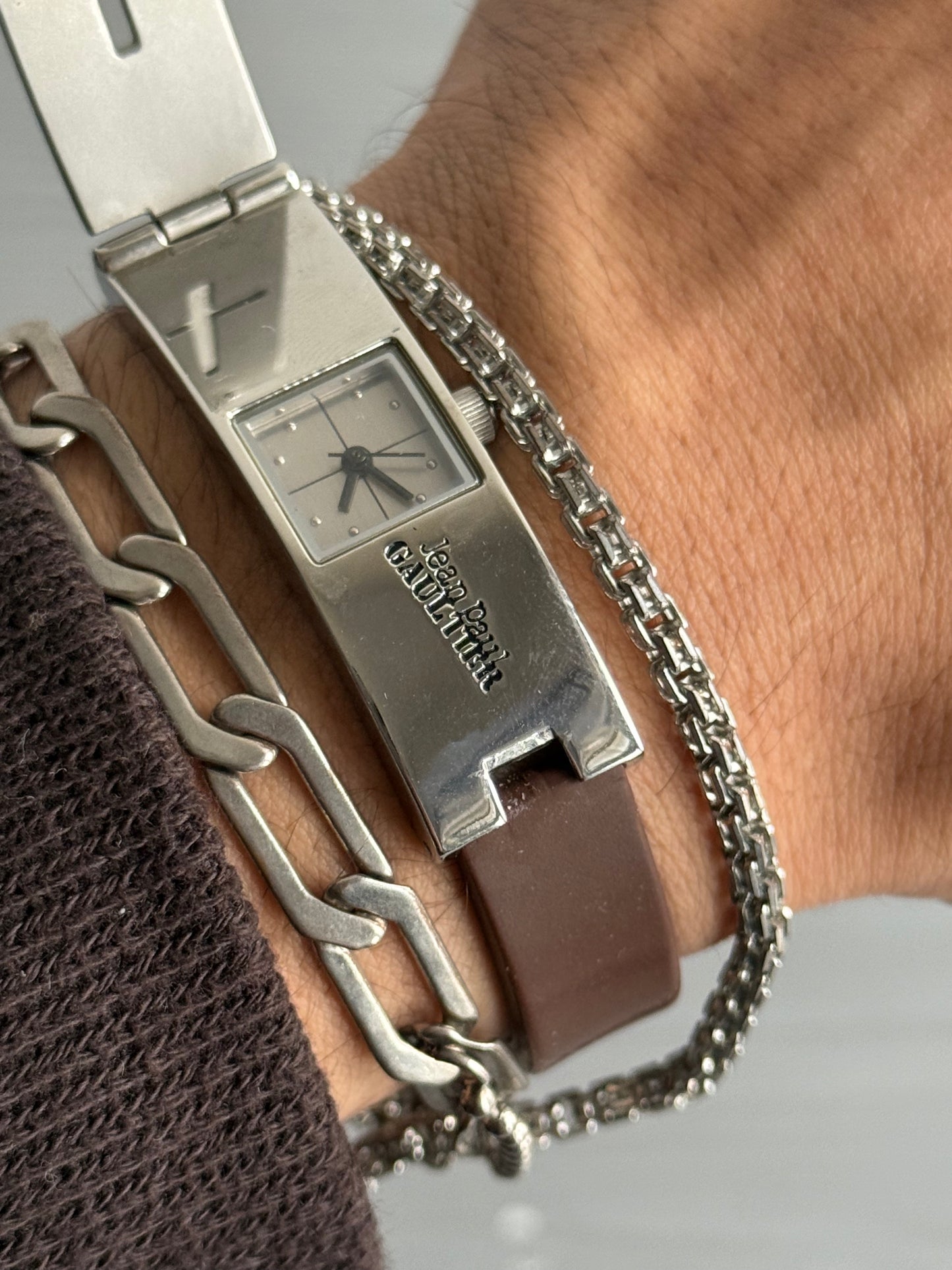 Jean Paul Gaultier Laser-Cut Cross Motif Stainless Steel Concealed Watch Bracelet