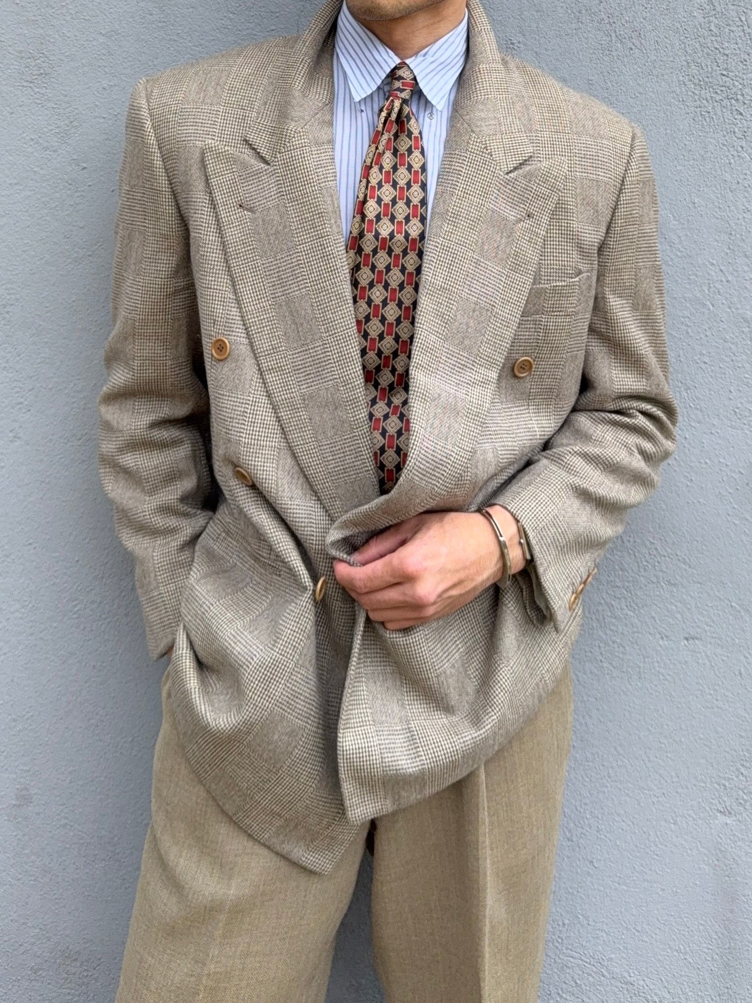 Valentino 1980s Peaked Lapel Double Breasted Textured Wool Sports Blazer Jacket - Size M