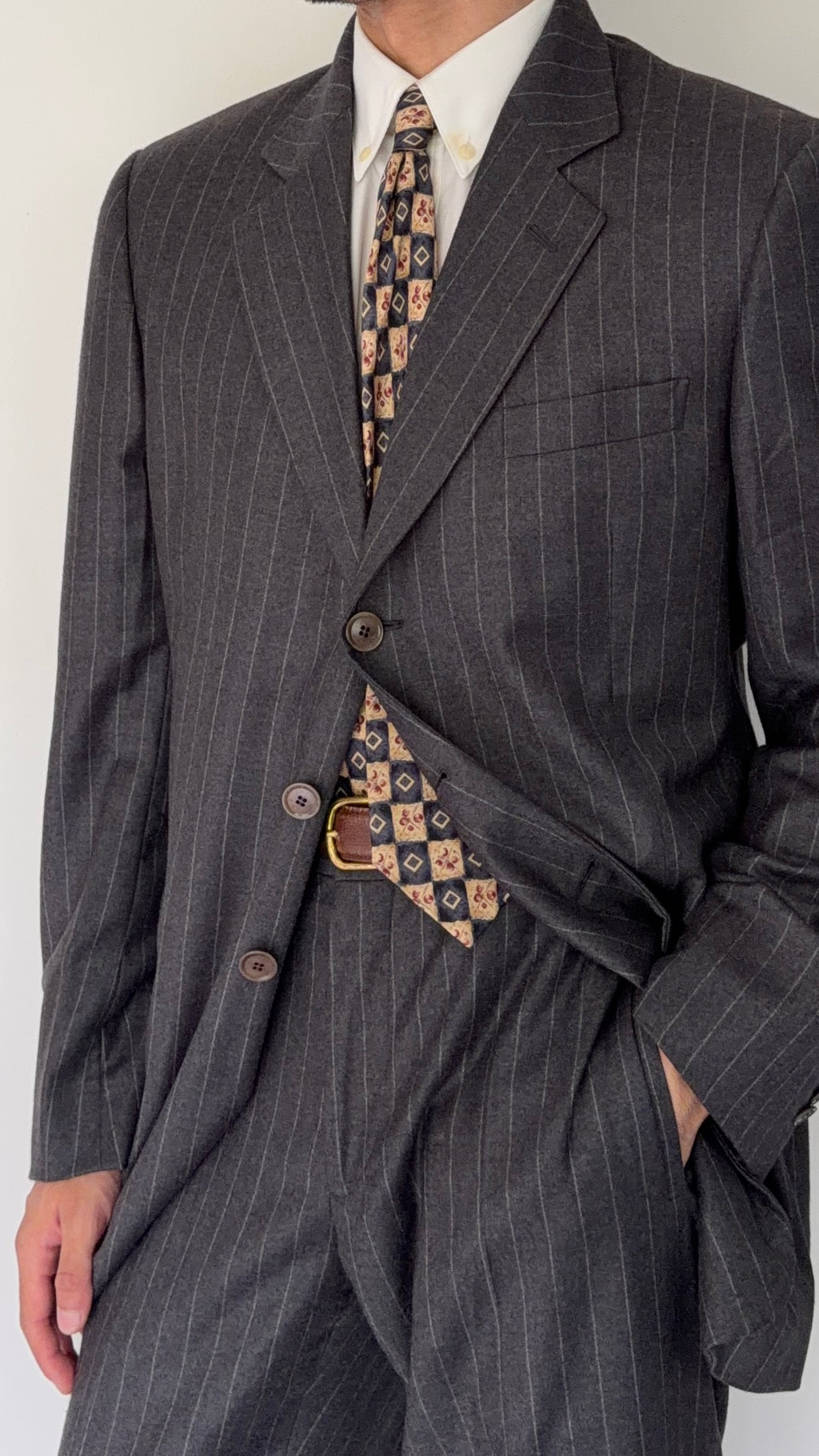 Giorgio Armani Black Label 1990s Cashmere 3B Pleated Striped Suit Grey - Size XL Jacket / 36" Waist
