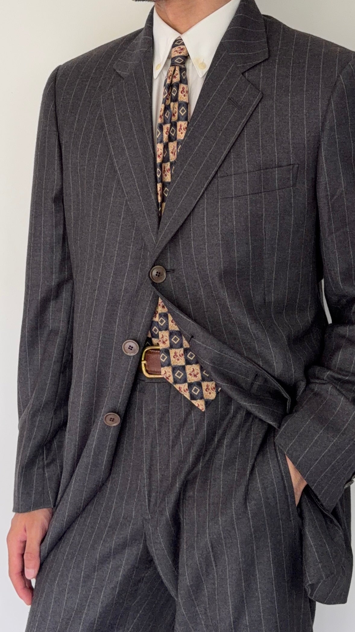Giorgio Armani Black Label 1990s Cashmere 3B Pleated Striped Suit Grey - Size XL Jacket / 36" Waist