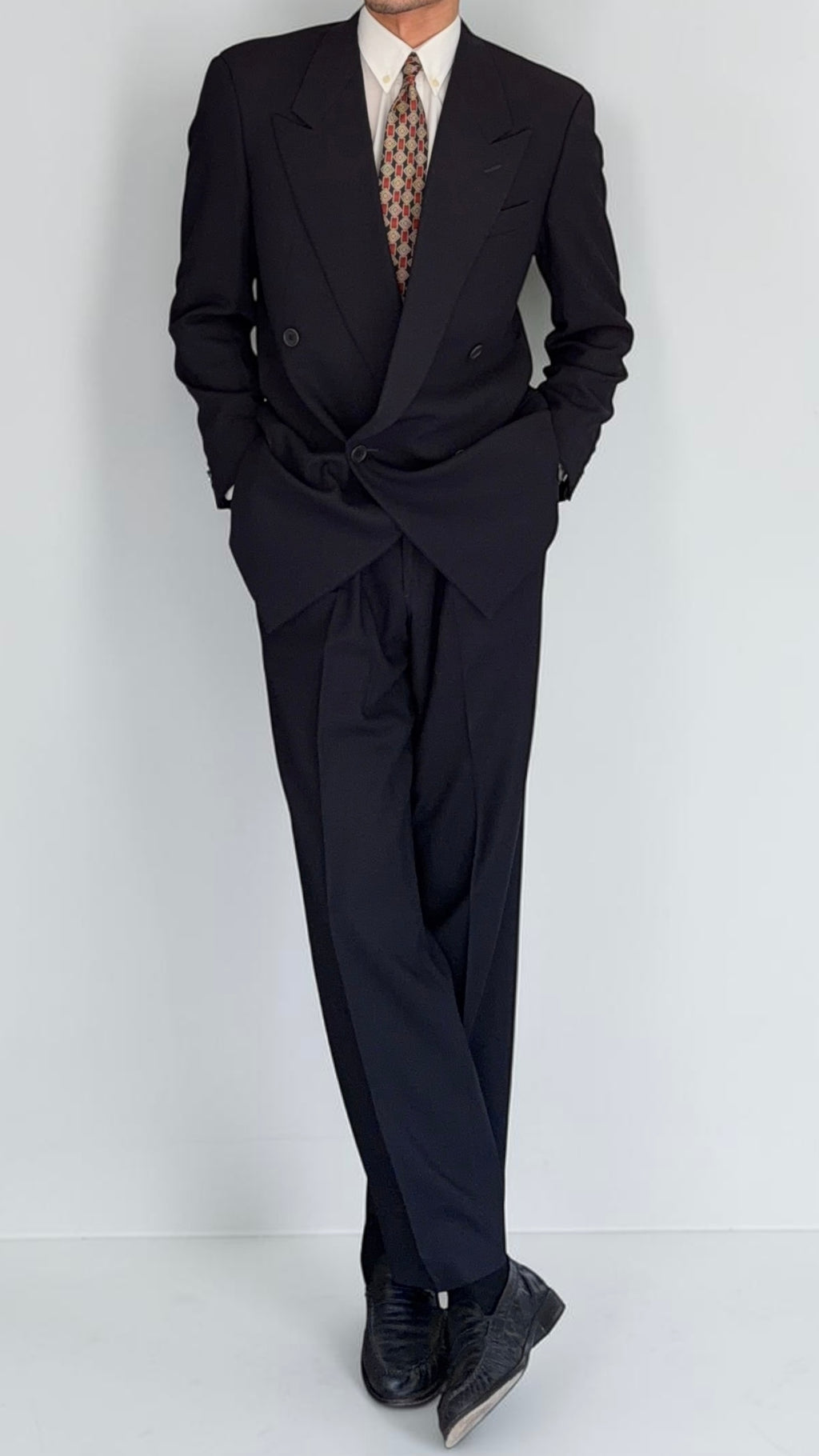 Giorgio Armani 1980s Peaked Lapel Double Breasted Wool Navy Suit - Size M Jacket / 30" Waist