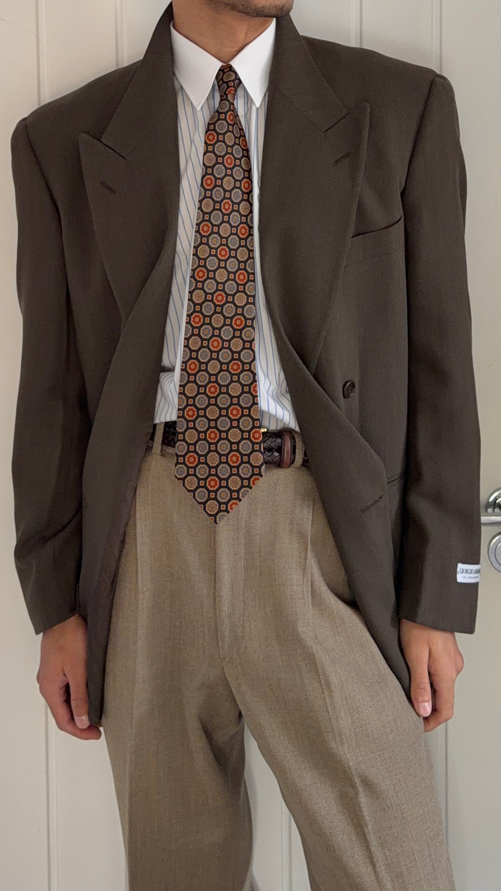 Giorgio Armani 1980s Peaked Lapel Double Breasted Brown Wool Sport Jacket Blazer - Size M