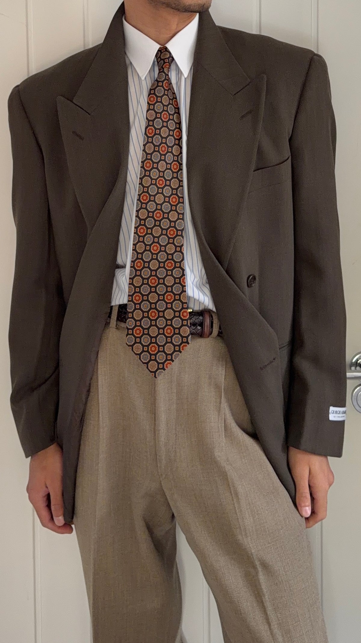 Giorgio Armani 1980s Peaked Lapel Double Breasted Brown Wool Sport Jacket Blazer - Size M