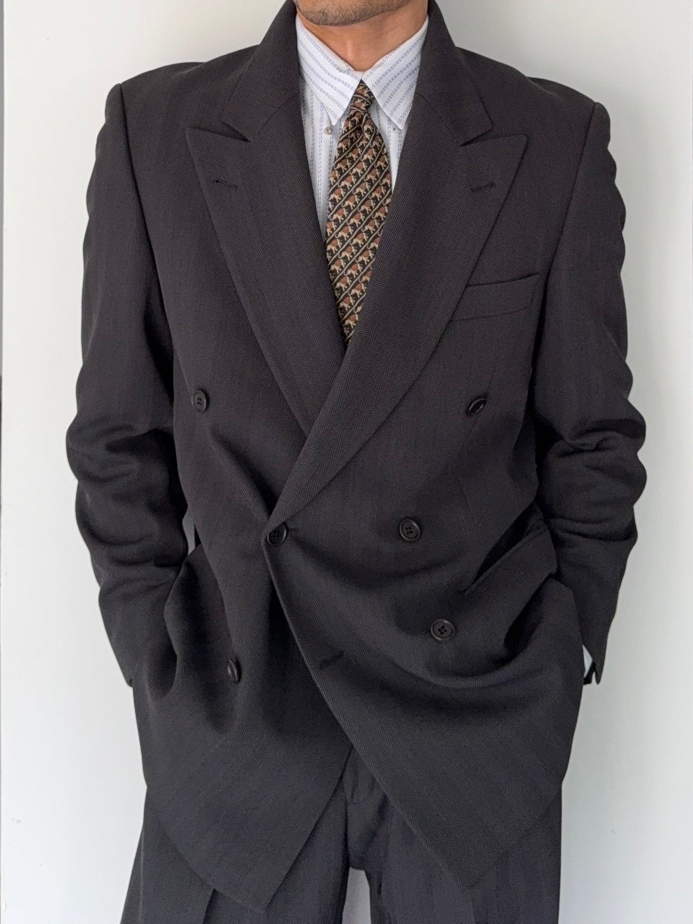Hugo Boss 1980s 'Omega' Peaked Lapel Double Breasted Pleated Wool Herringbone Suit Grey - Size M Jacket / 32" Waist