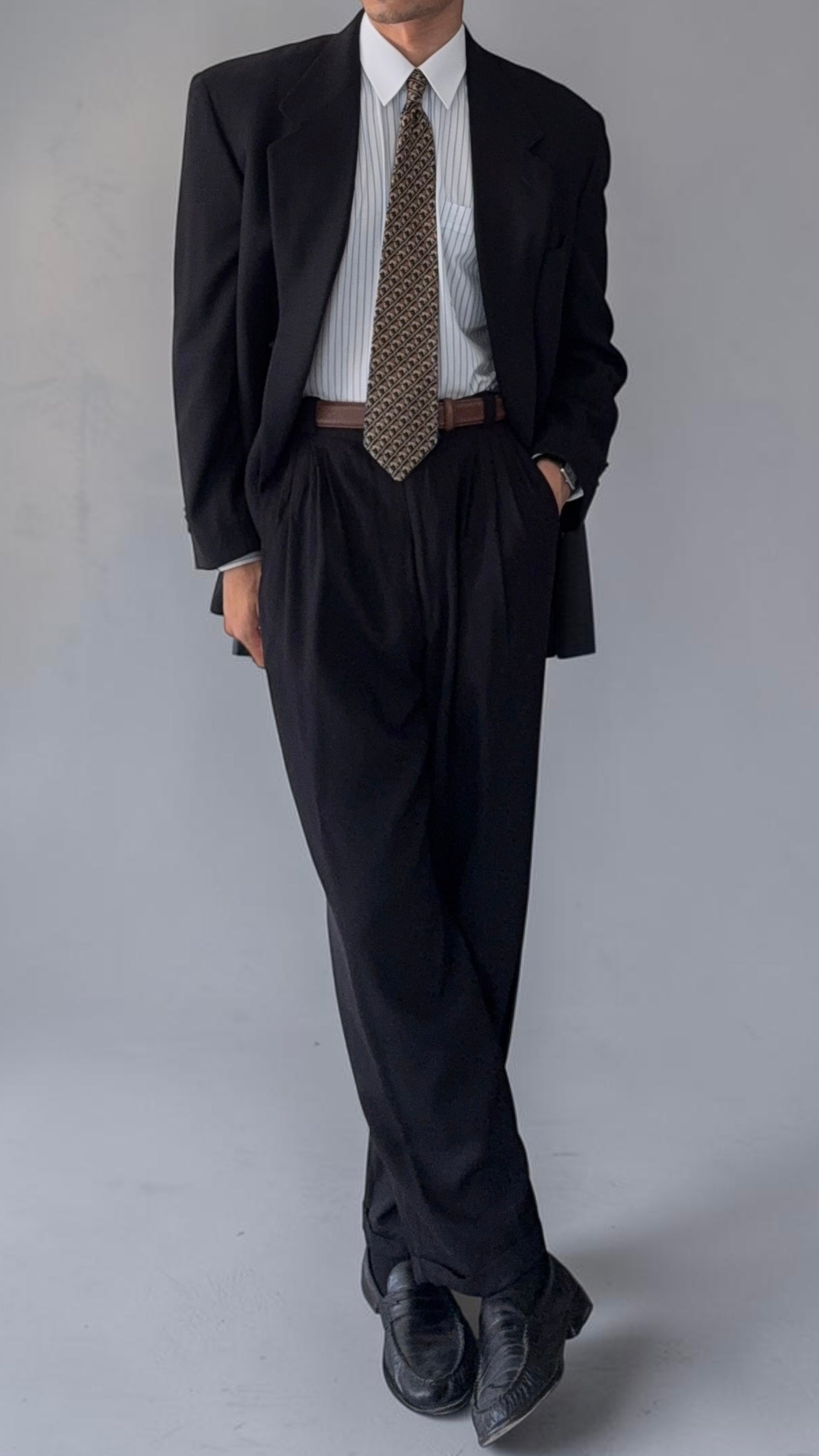 Versace 1980s Notch Lapel Double Breasted Wool Pleated Black Textured Suit - Size M Jacket / 30" Waist