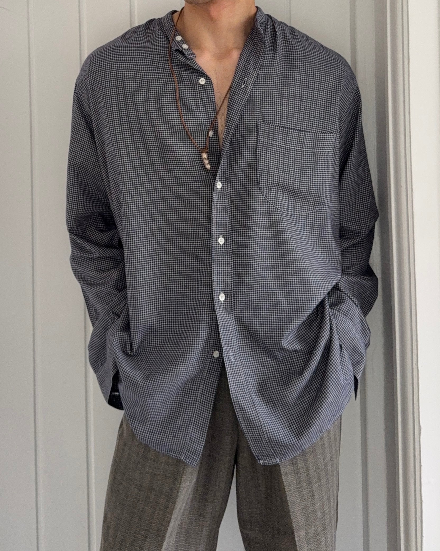 Emporio Armani 1980s Nehru Collar Relaxed Fit Check Shirt - Size L