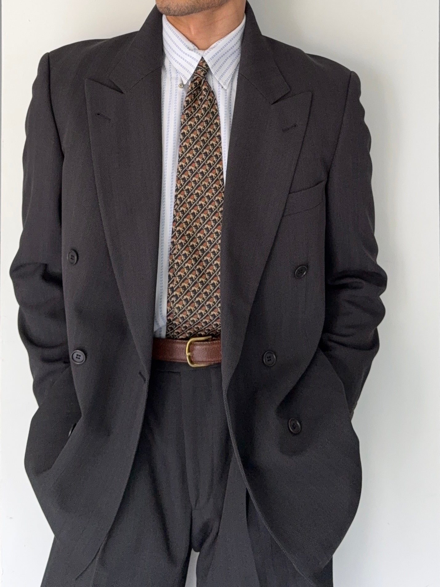 Hugo Boss 1980s 'Omega' Peaked Lapel Double Breasted Pleated Wool Herringbone Suit Grey - Size M Jacket / 32" Waist