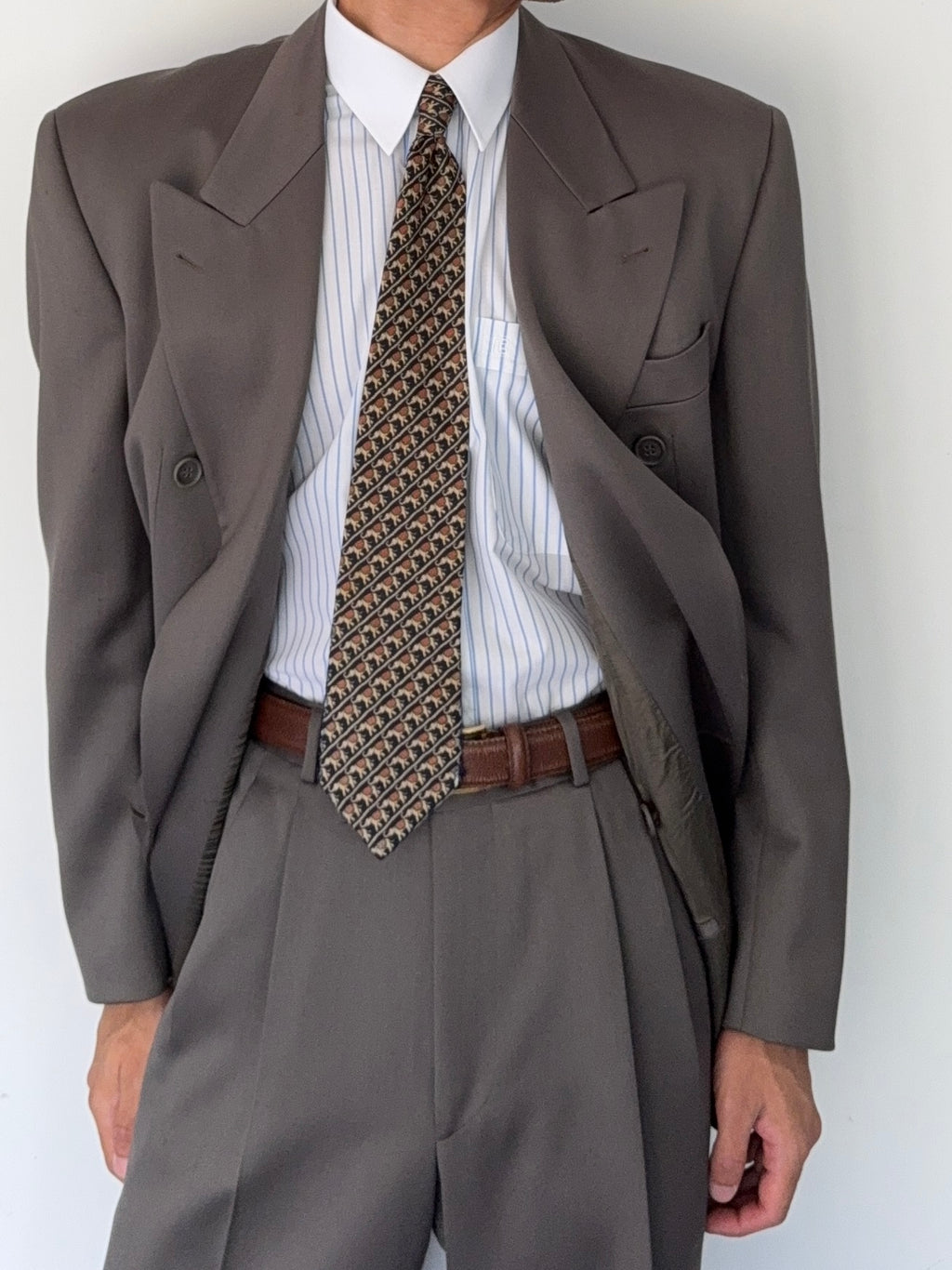 Hugo Boss 1980s 'Mitford' Peak Lapel Double Breasted Pleated Taupe Green Suit - Size L Jacket / 30" Waist