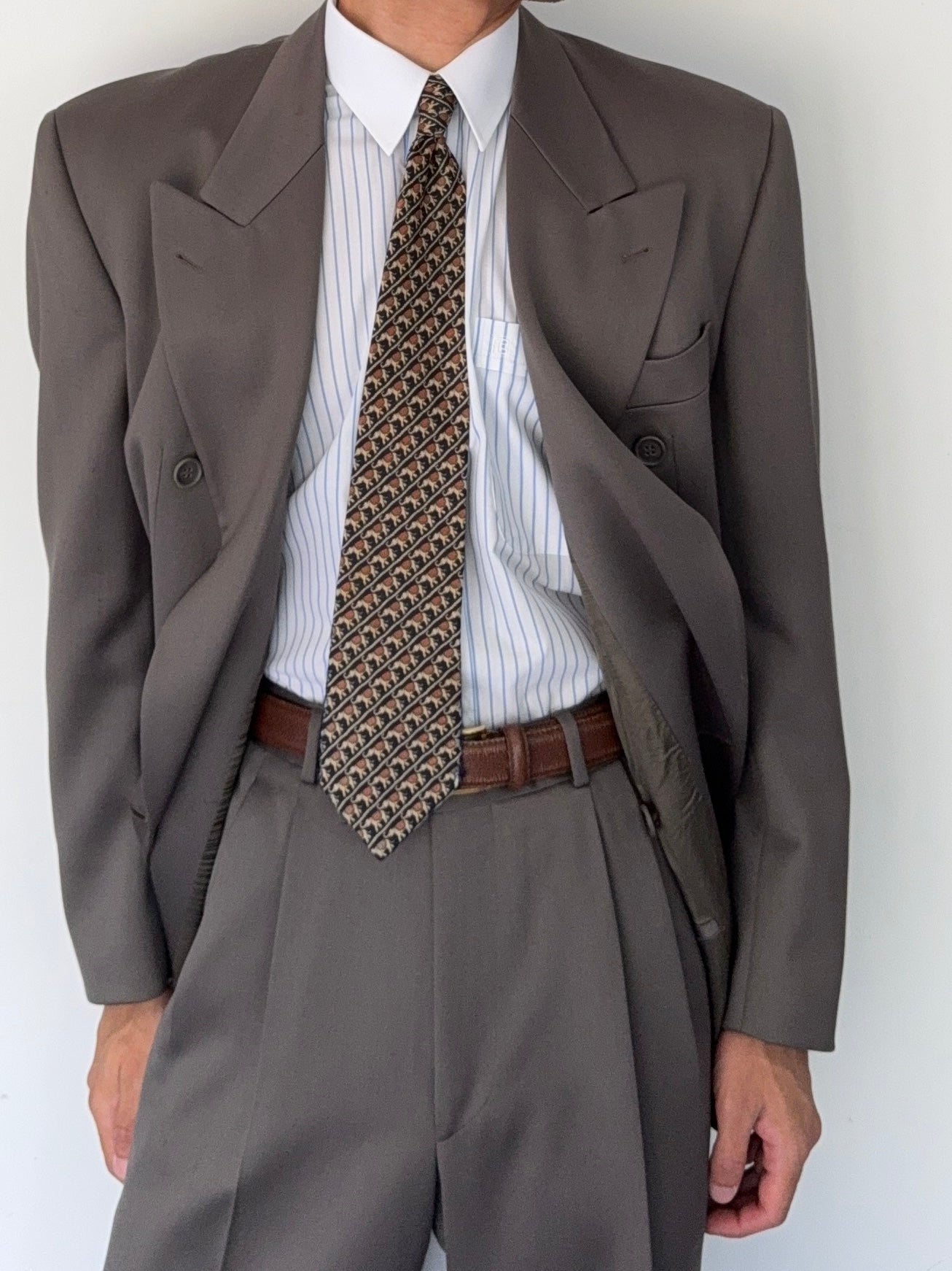 Hugo Boss 1980s 'Mitford' Peak Lapel Double Breasted Pleated Taupe Green Suit - Size L Jacket / 30" Waist